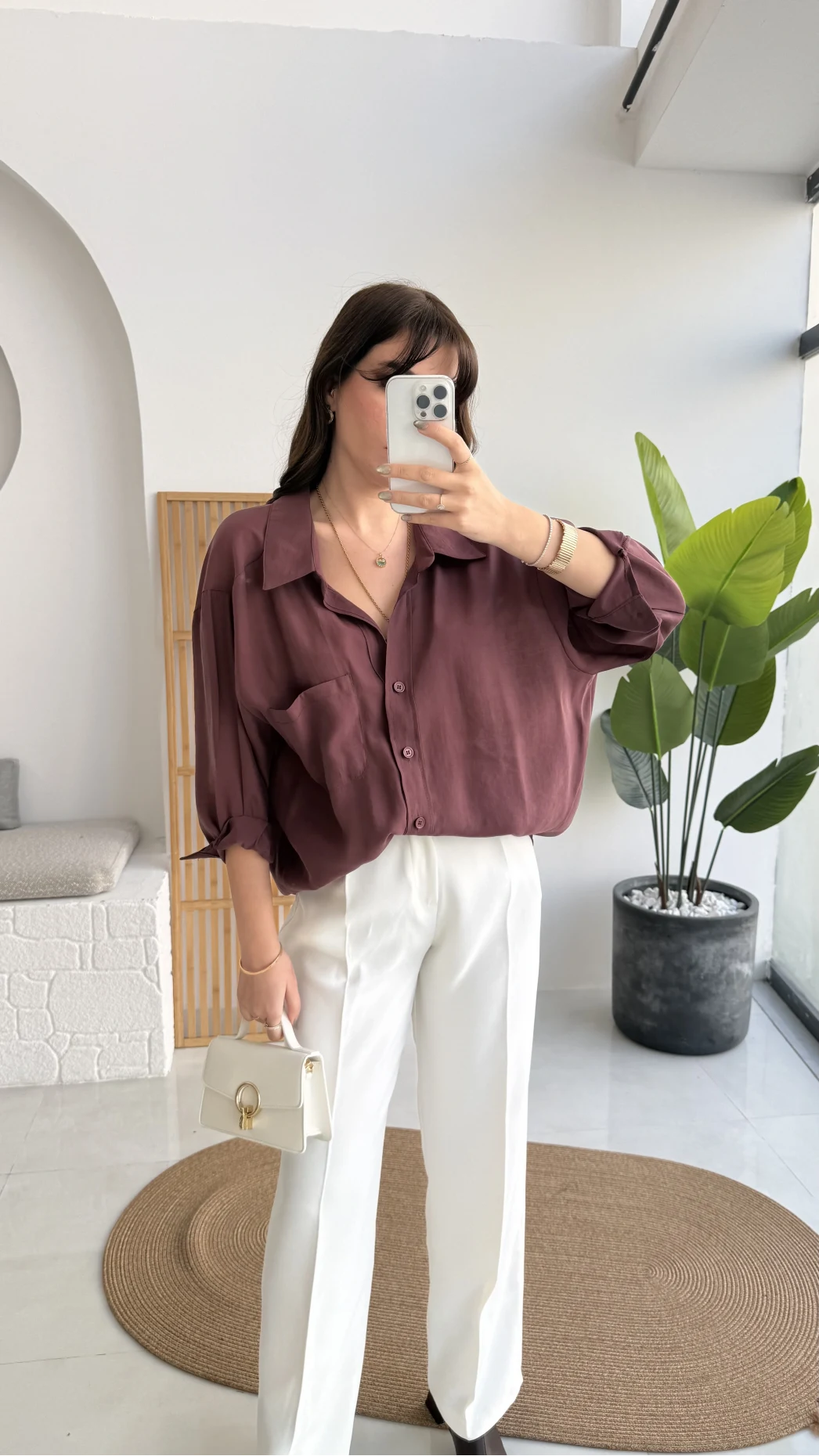 Vintage Serisi Oversize Tensel Gömlek - Mürdüm - Kod: 4612