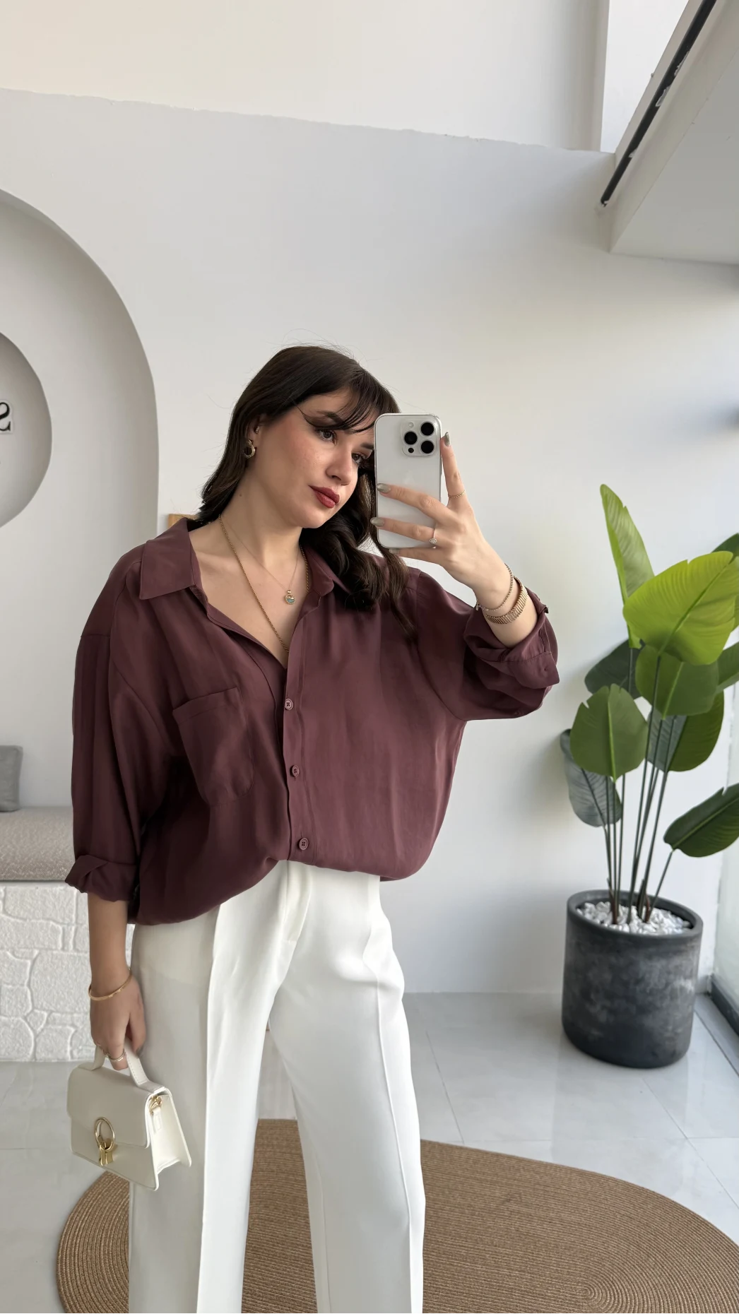 Vintage Serisi Oversize Tensel Gömlek - Mürdüm - Kod: 4612