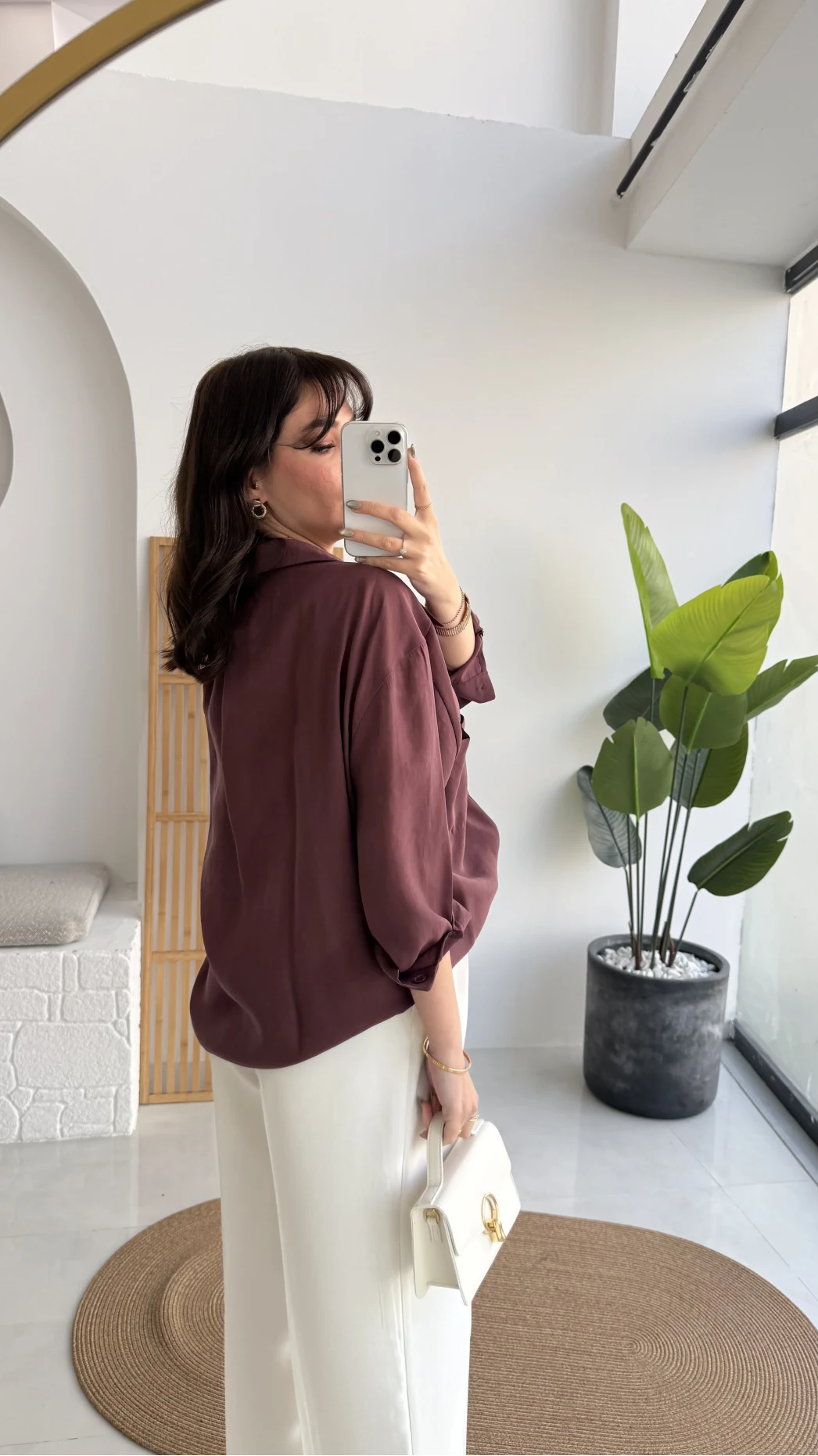 Vintage Serisi Oversize Tensel Gömlek - Mürdüm - Kod: 4612