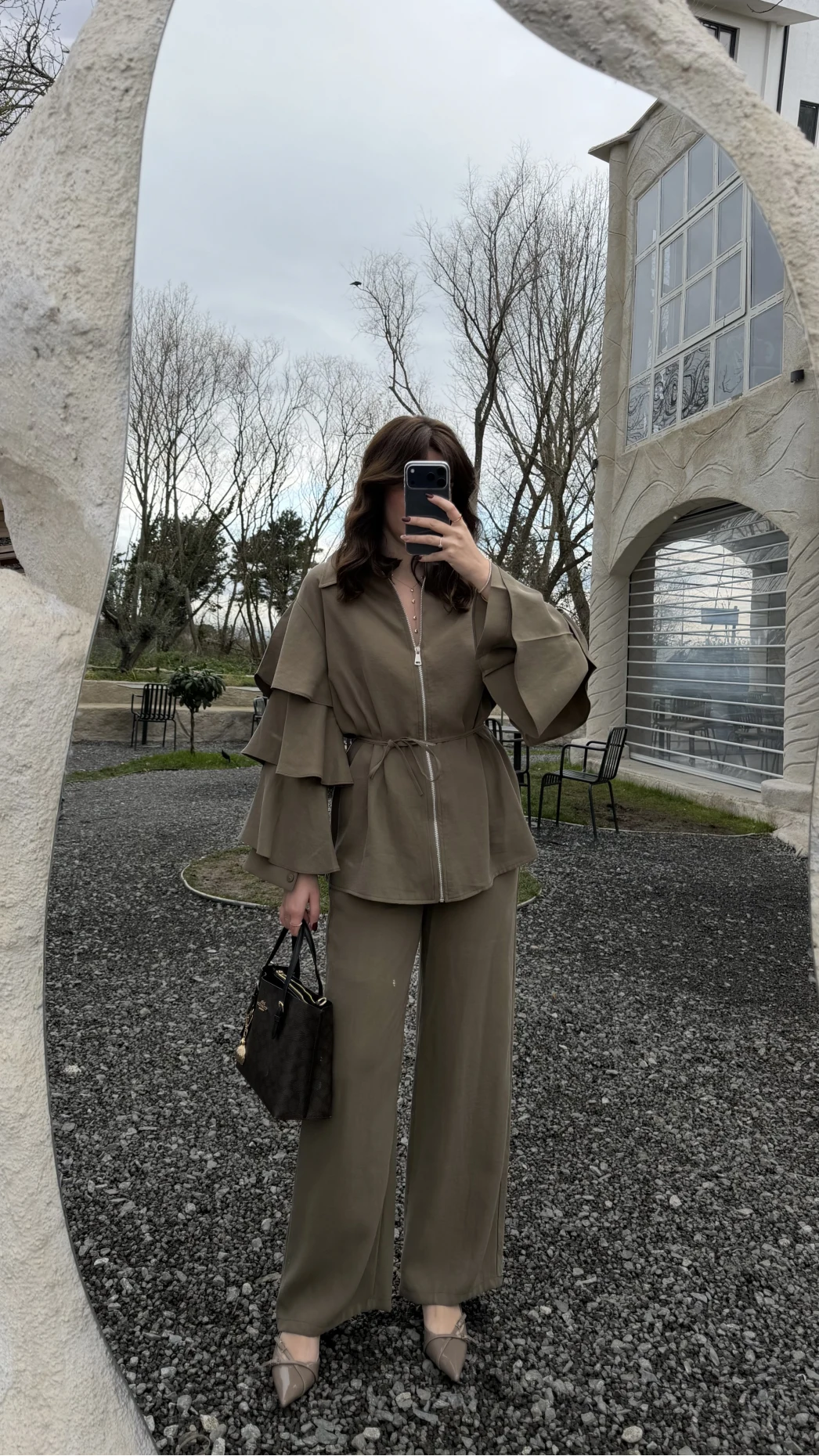 Volan Kol Detay Bağcıklı Bluz Takım - Haki - Kod: 8880