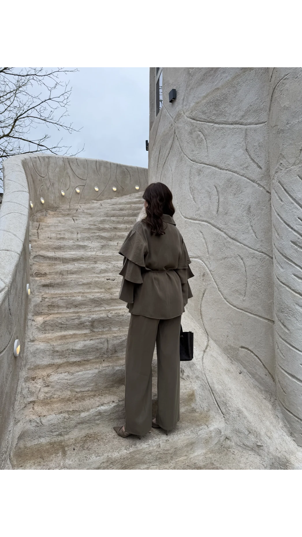 Volan Kol Detay Bağcıklı Bluz Takım - Haki - Kod: 8880