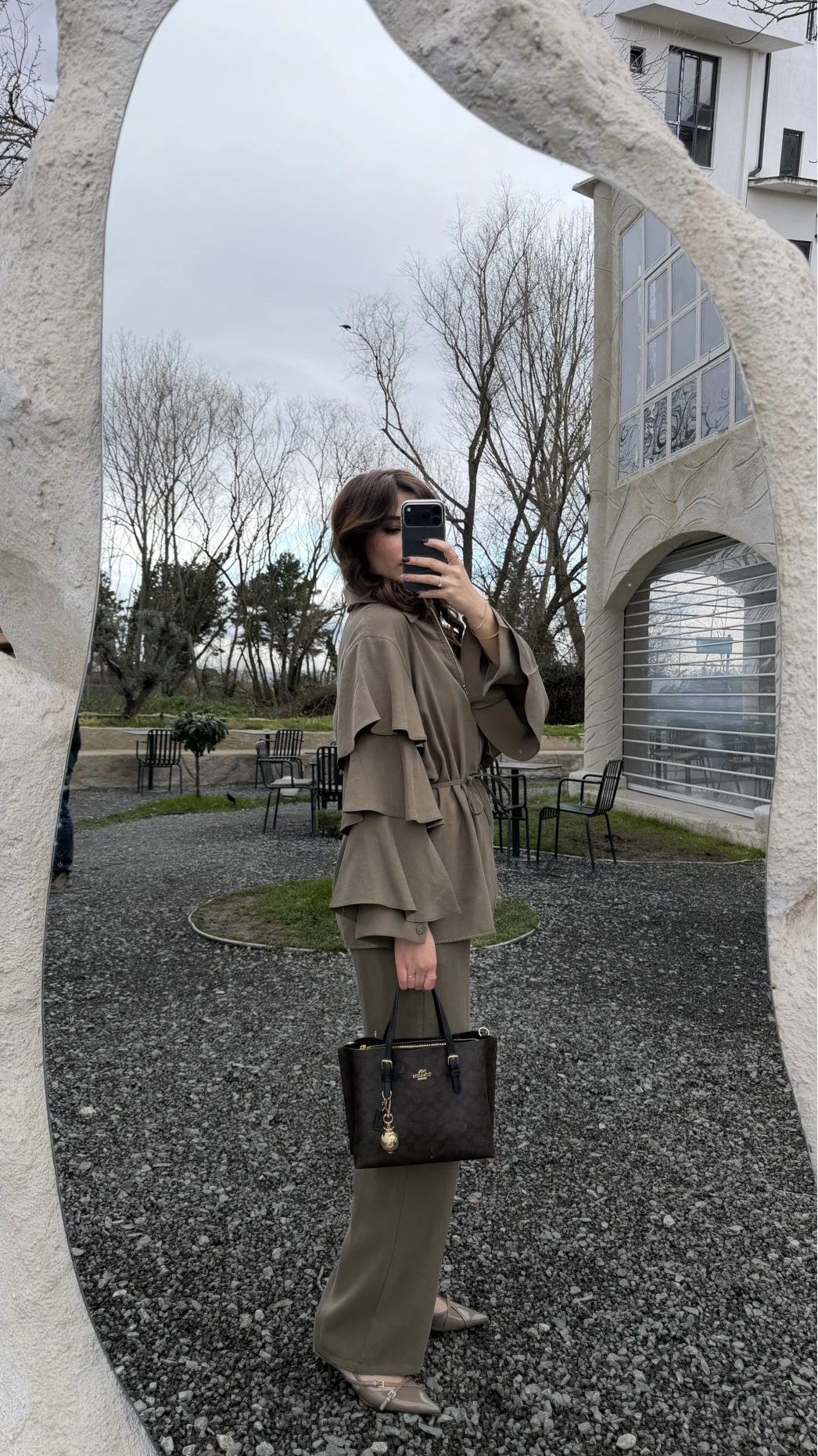 Volan Kol Detay Bağcıklı Bluz Takım - Haki - Kod: 8880