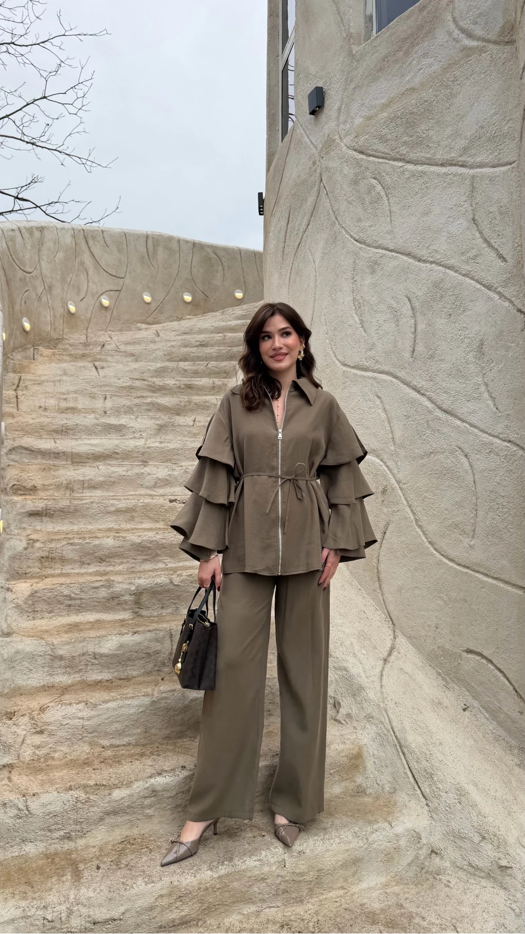 Volan Kol Detay Bağcıklı Bluz Takım - Haki - Kod: 8880