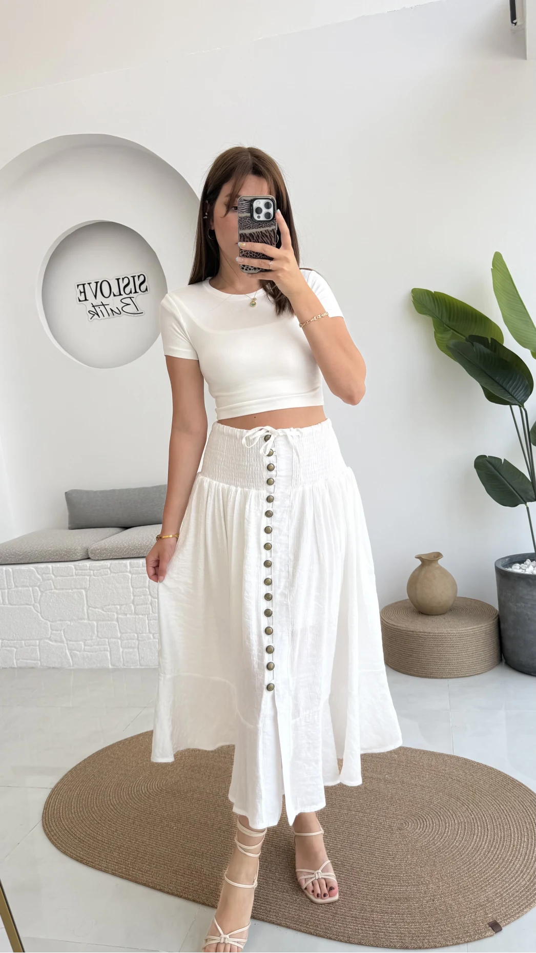 Volanlı Bürümcük Düğmeli Etek Beyaz