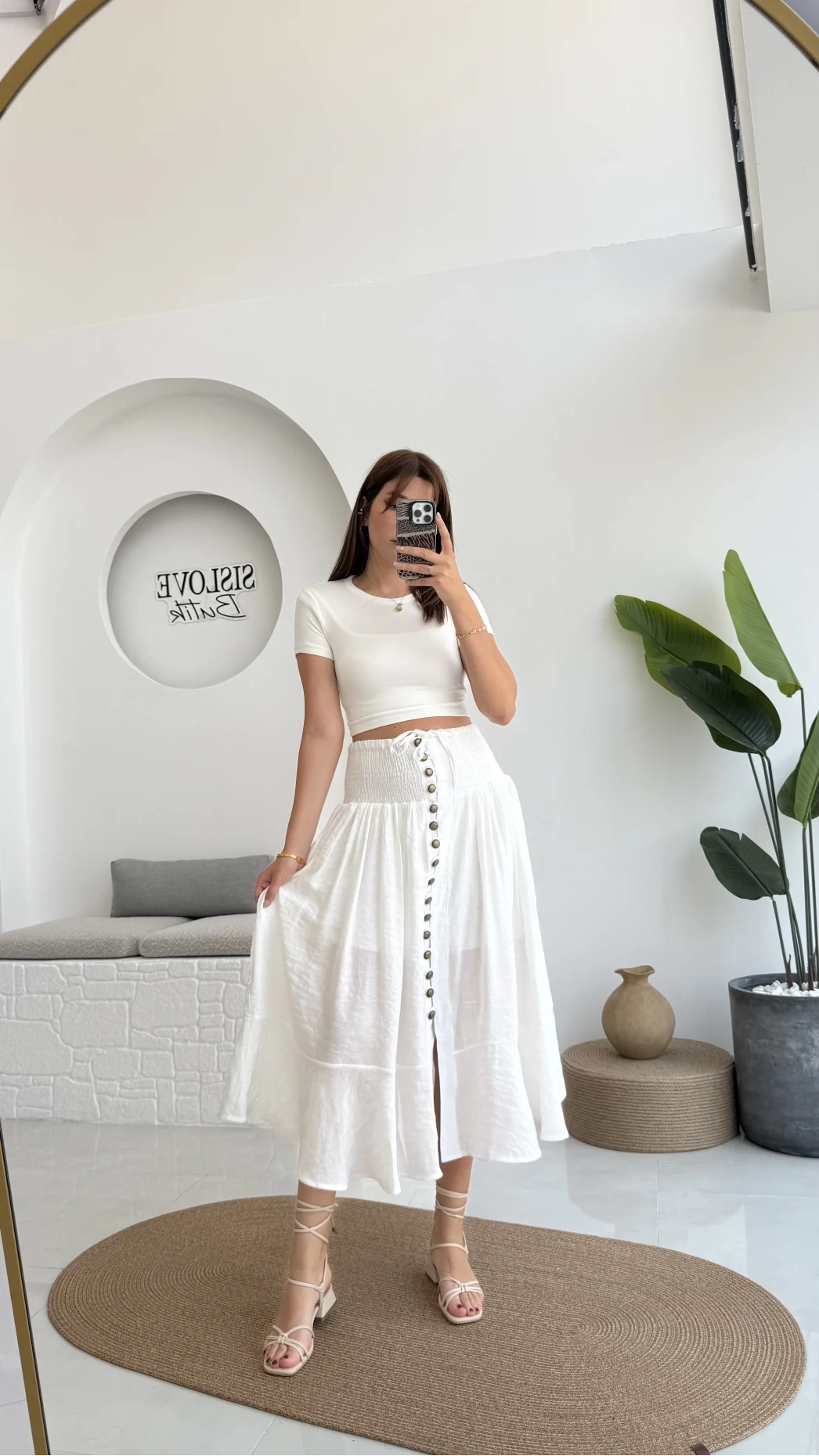 Volanlı Bürümcük Düğmeli Etek Beyaz