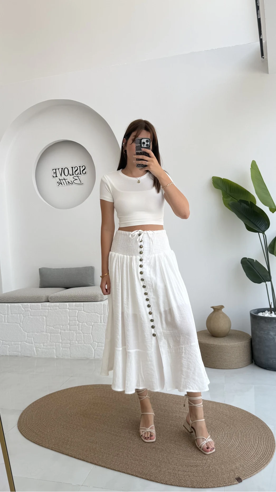 Volanlı Bürümcük Düğmeli Etek Beyaz