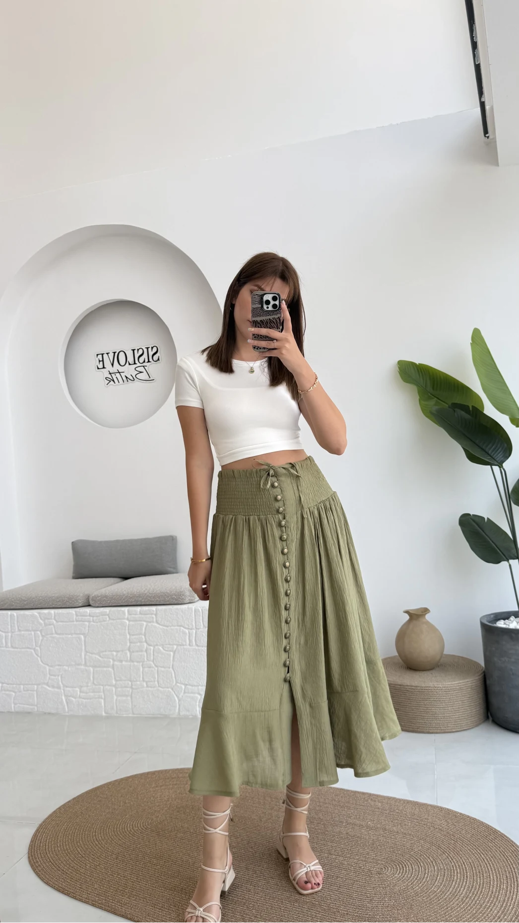 Volanlı Bürümcük Düğmeli Etek Haki