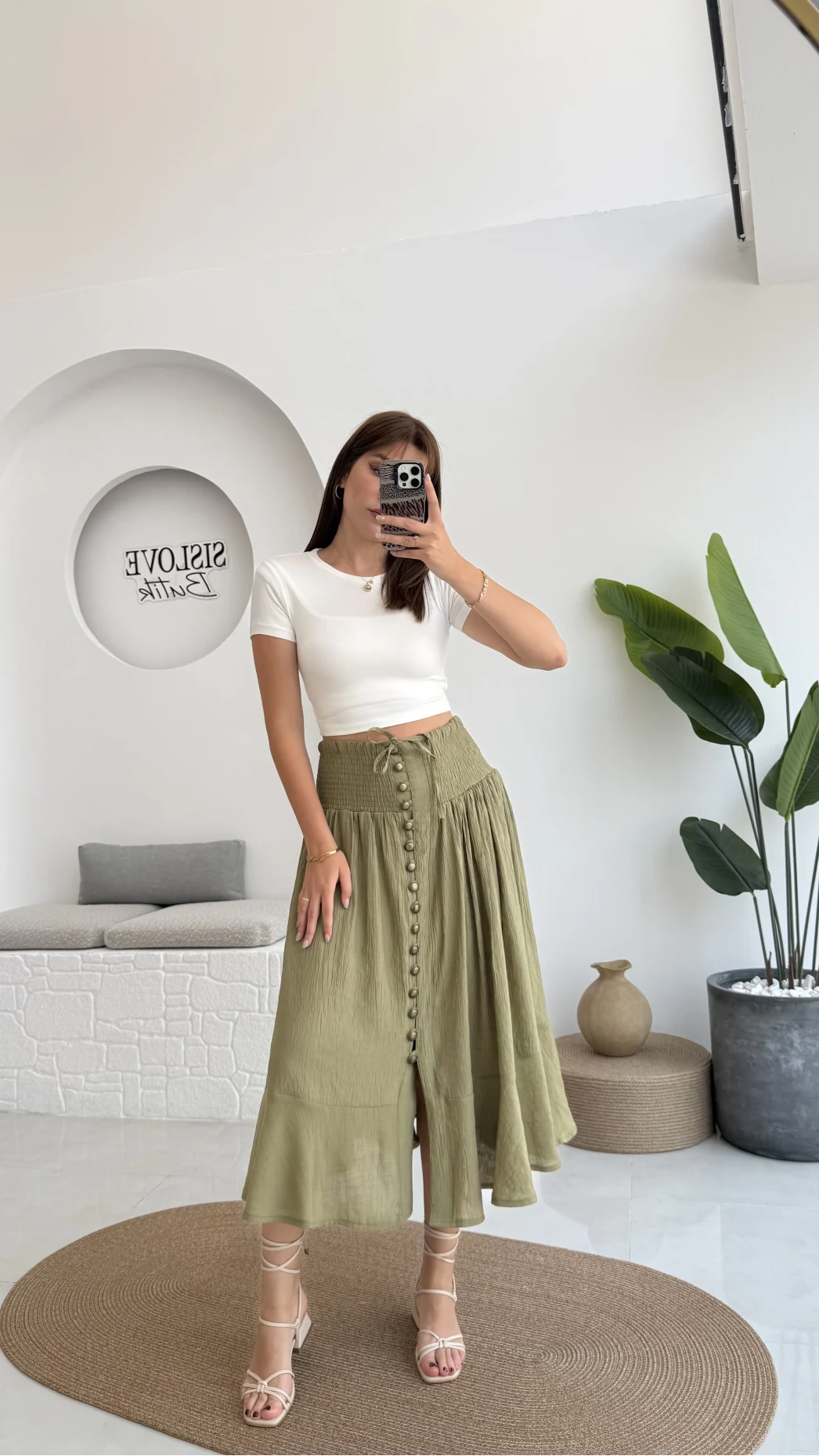 Volanlı Bürümcük Düğmeli Etek Haki