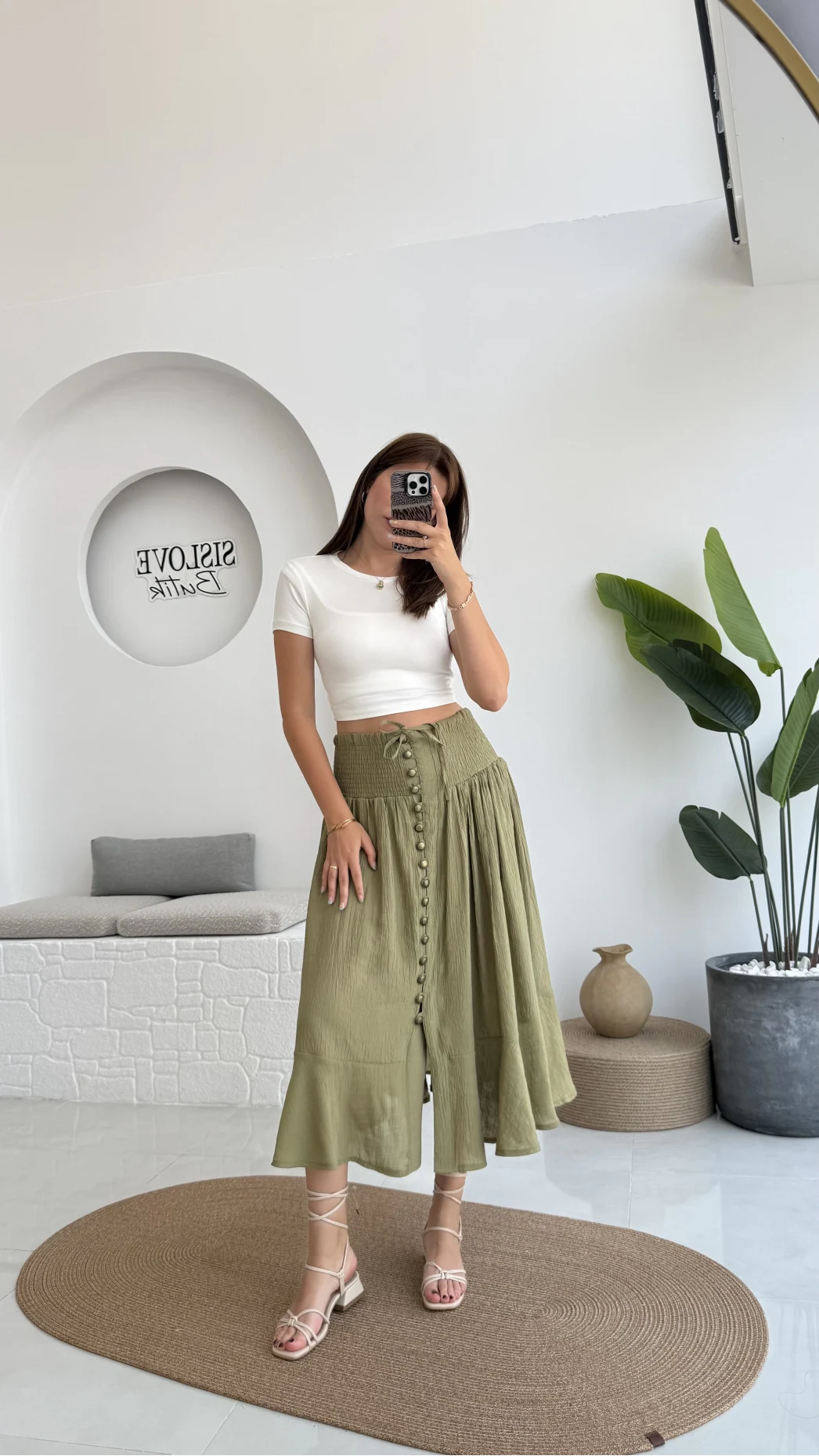 Volanlı Bürümcük Düğmeli Etek Haki