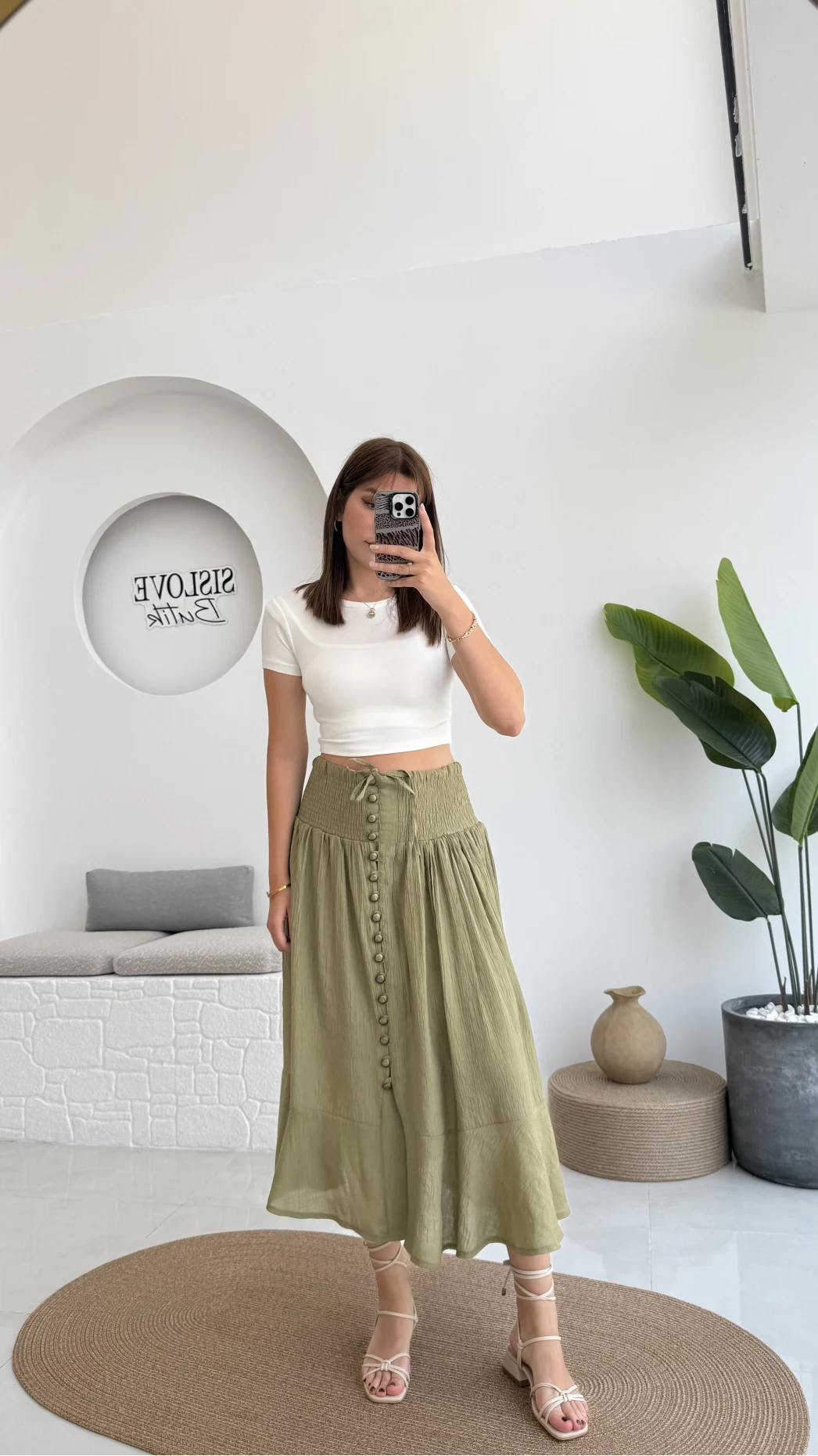 Volanlı Bürümcük Düğmeli Etek Haki