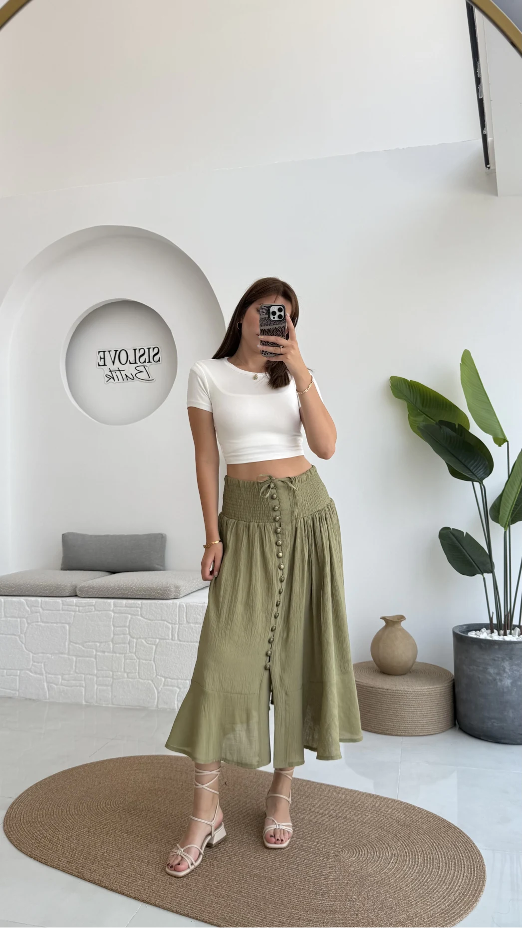 Volanlı Bürümcük Düğmeli Etek Haki