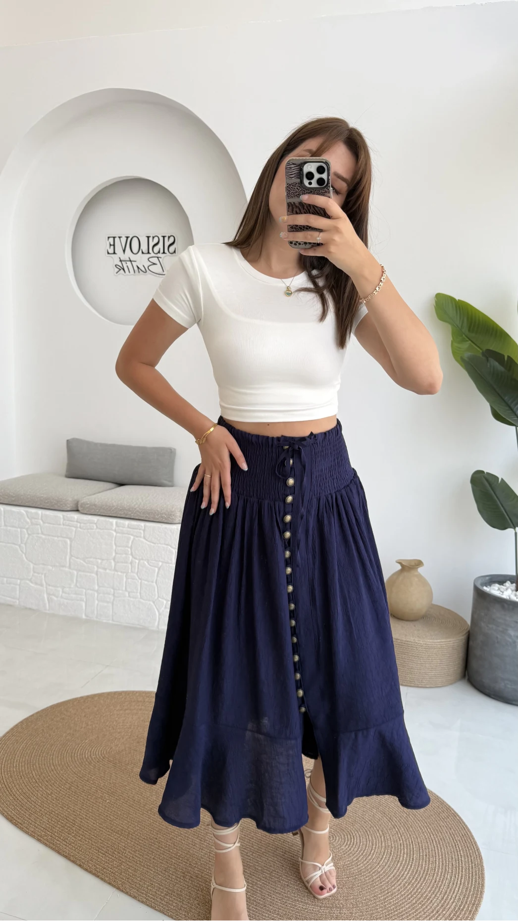 Volanlı Bürümcük Düğmeli Etek Lacivert