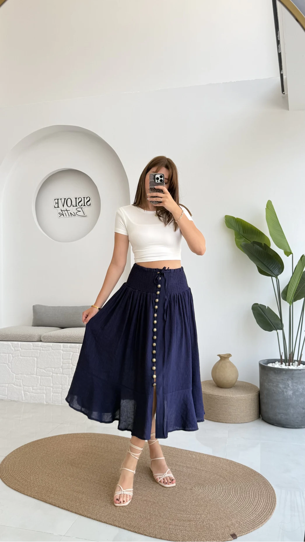 Volanlı Bürümcük Düğmeli Etek Lacivert