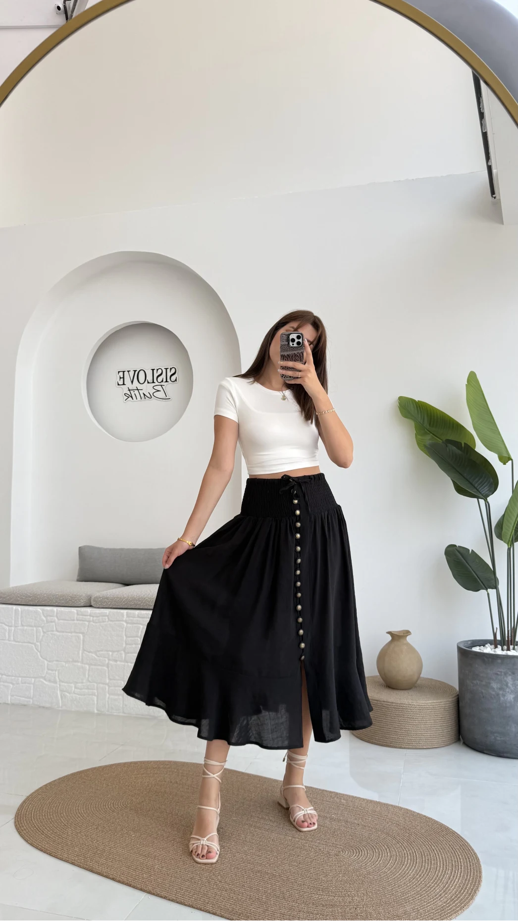 Volanlı Bürümcük Düğmeli Etek Siyah