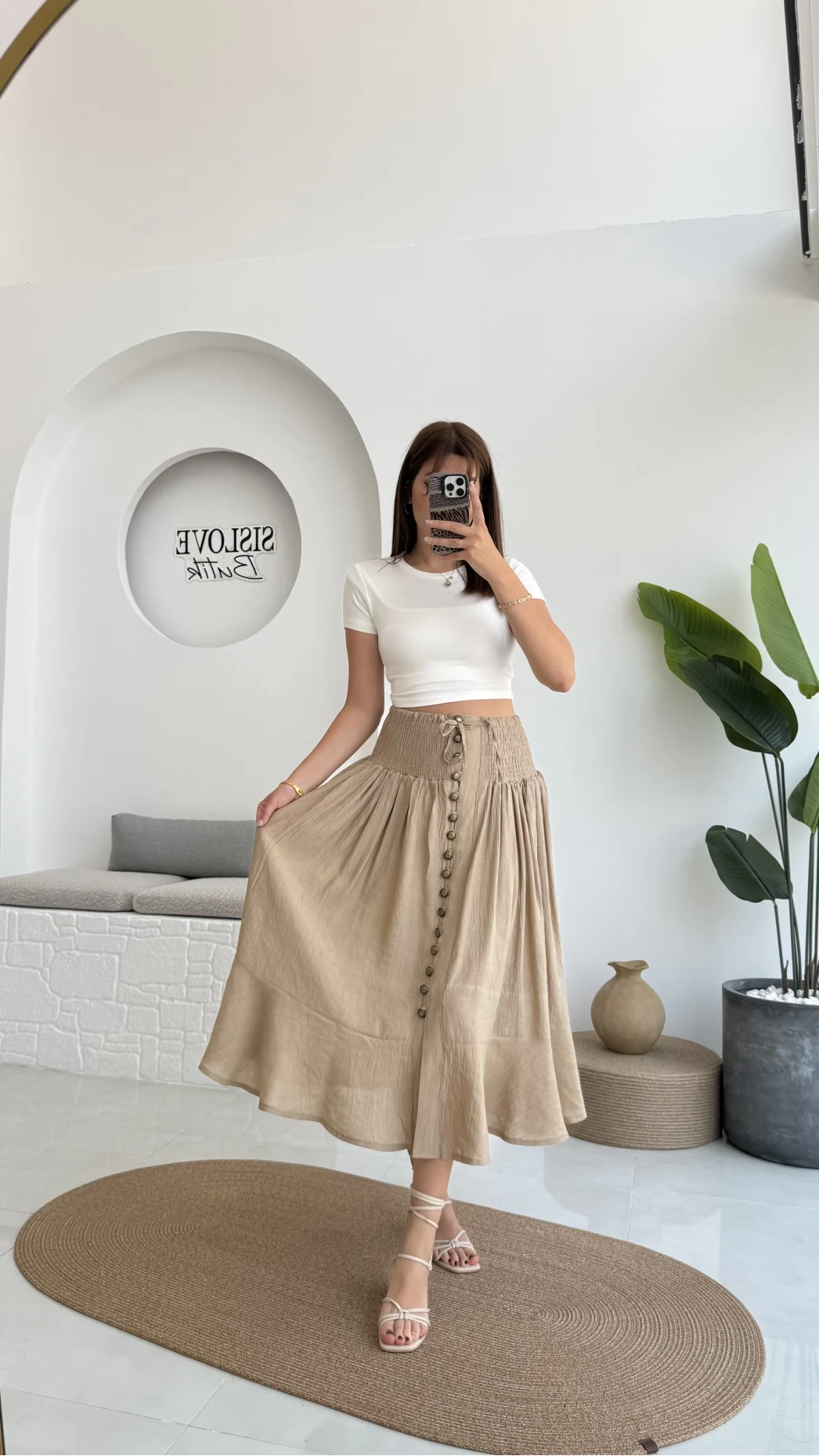 Volanlı Bürümcük Düğmeli Etek Vizon