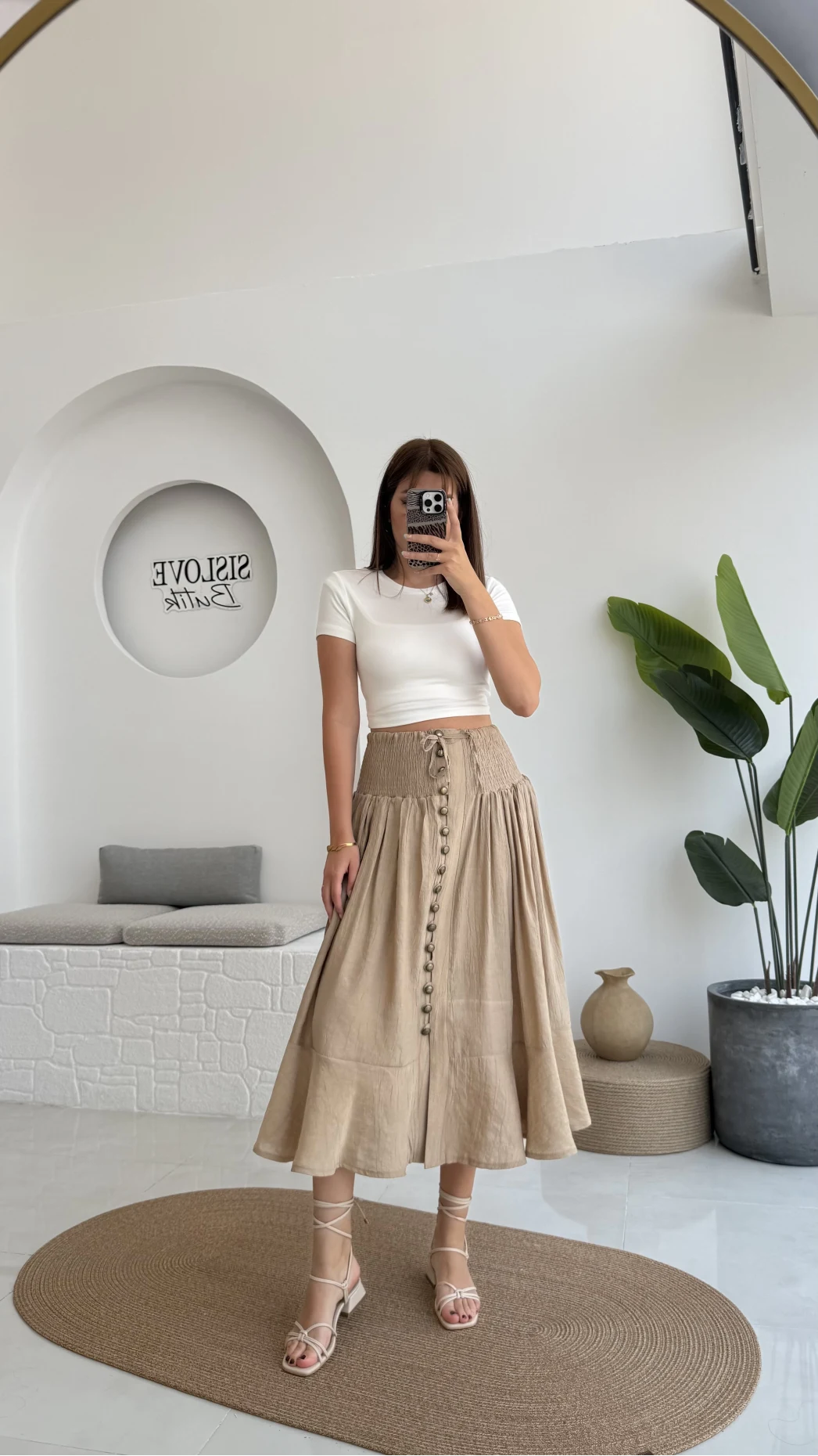 Volanlı Bürümcük Düğmeli Etek Vizon