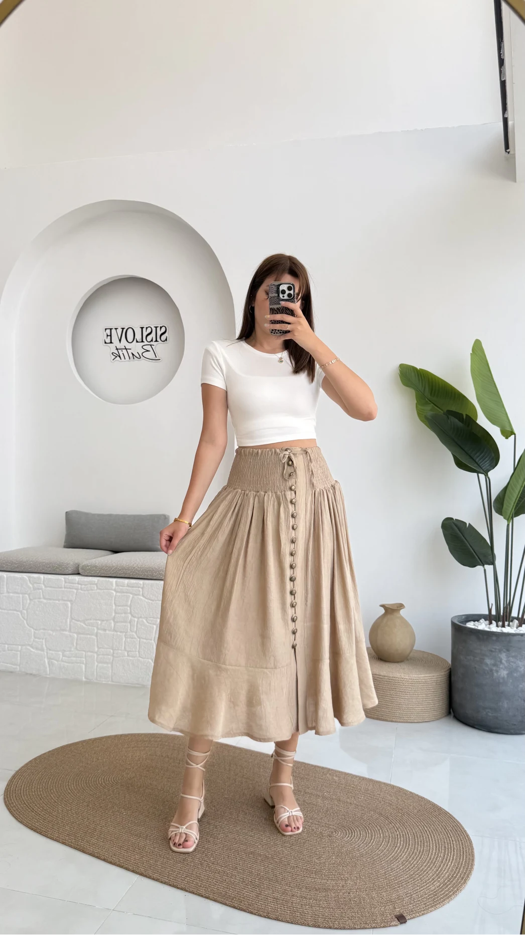 Volanlı Bürümcük Düğmeli Etek Vizon