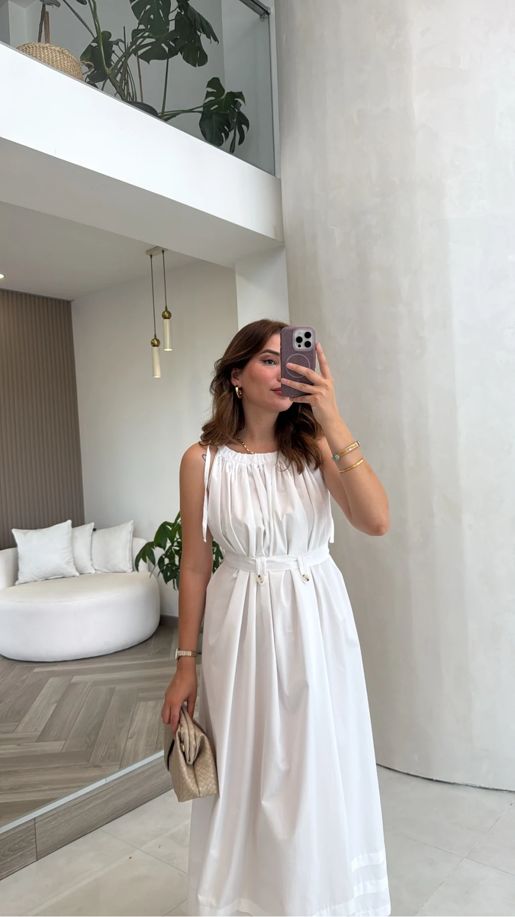 Yaka Büzgülü Kuşaklı Elbise - Beyaz - Kod: 3451