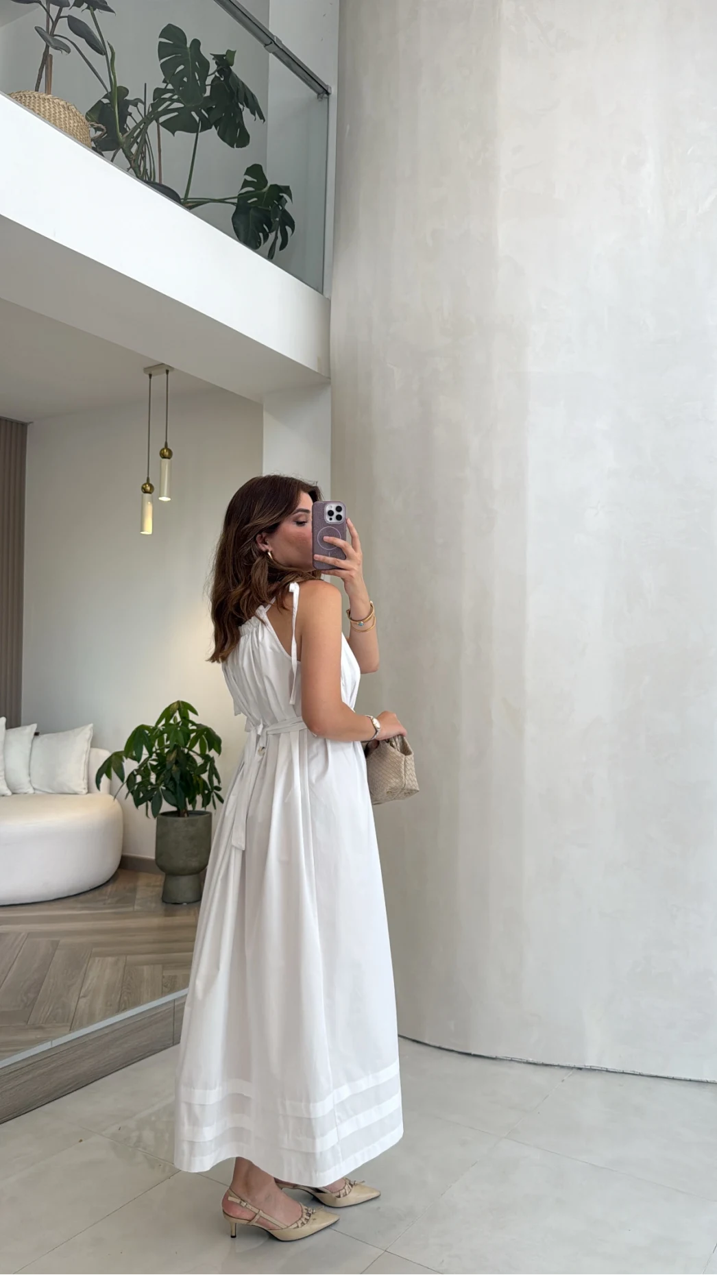 Yaka Büzgülü Kuşaklı Elbise - Beyaz - Kod: 3451
