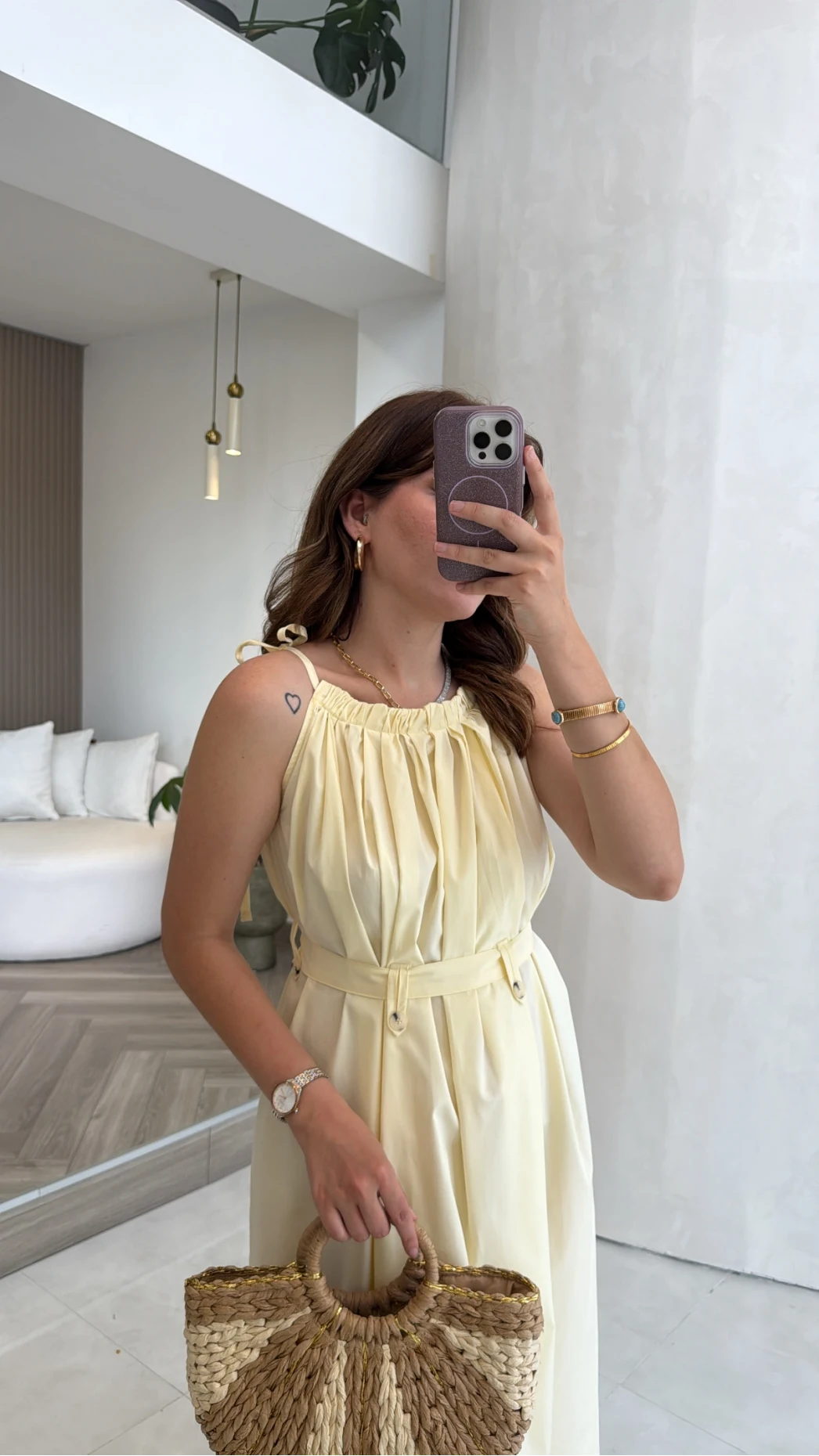 Yaka Büzgülü Kuşaklı Elbise - Sarı - Kod: 3451
