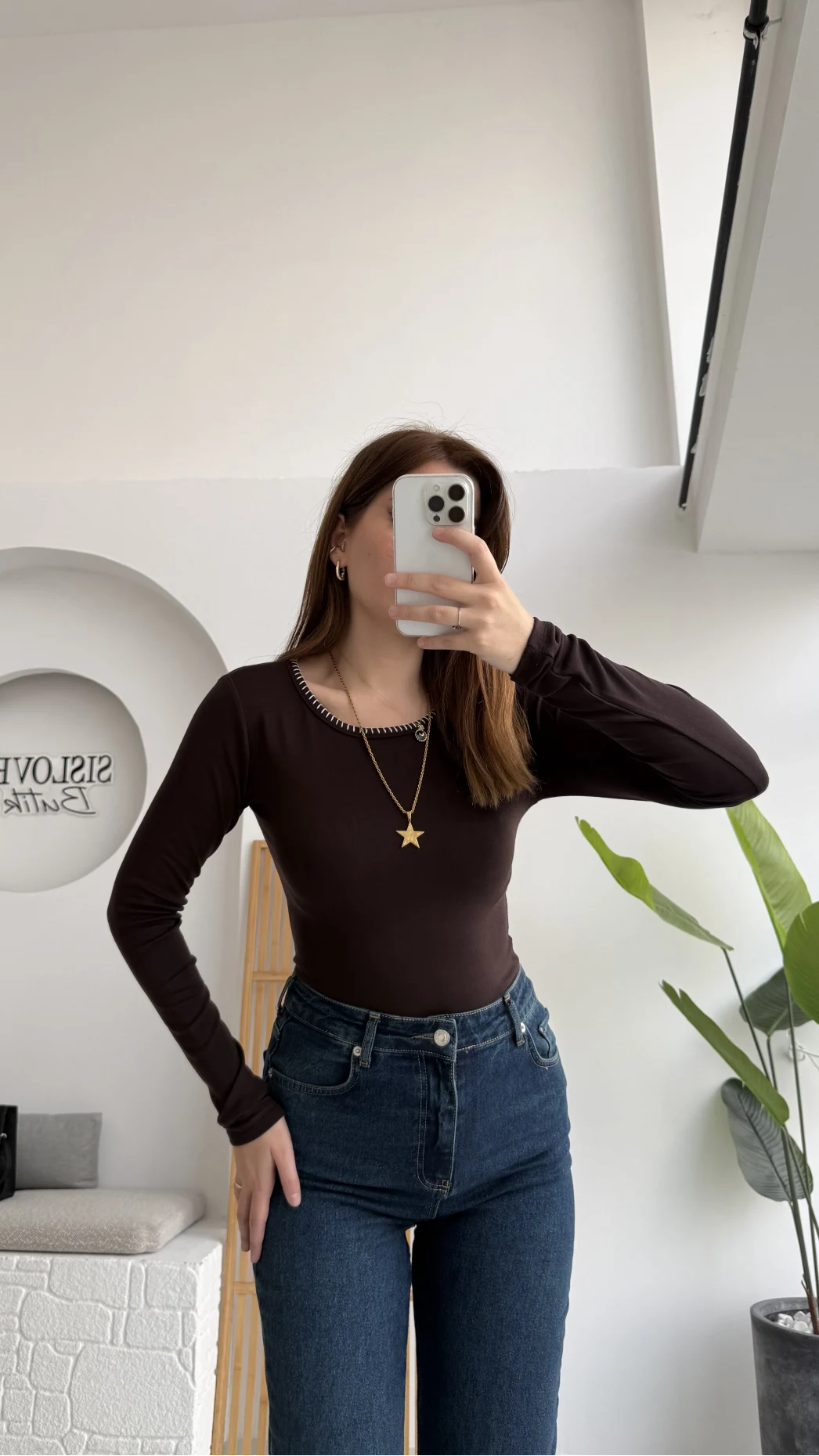 Yaka Detaylı Uzun Kol Body - Acı Kahve