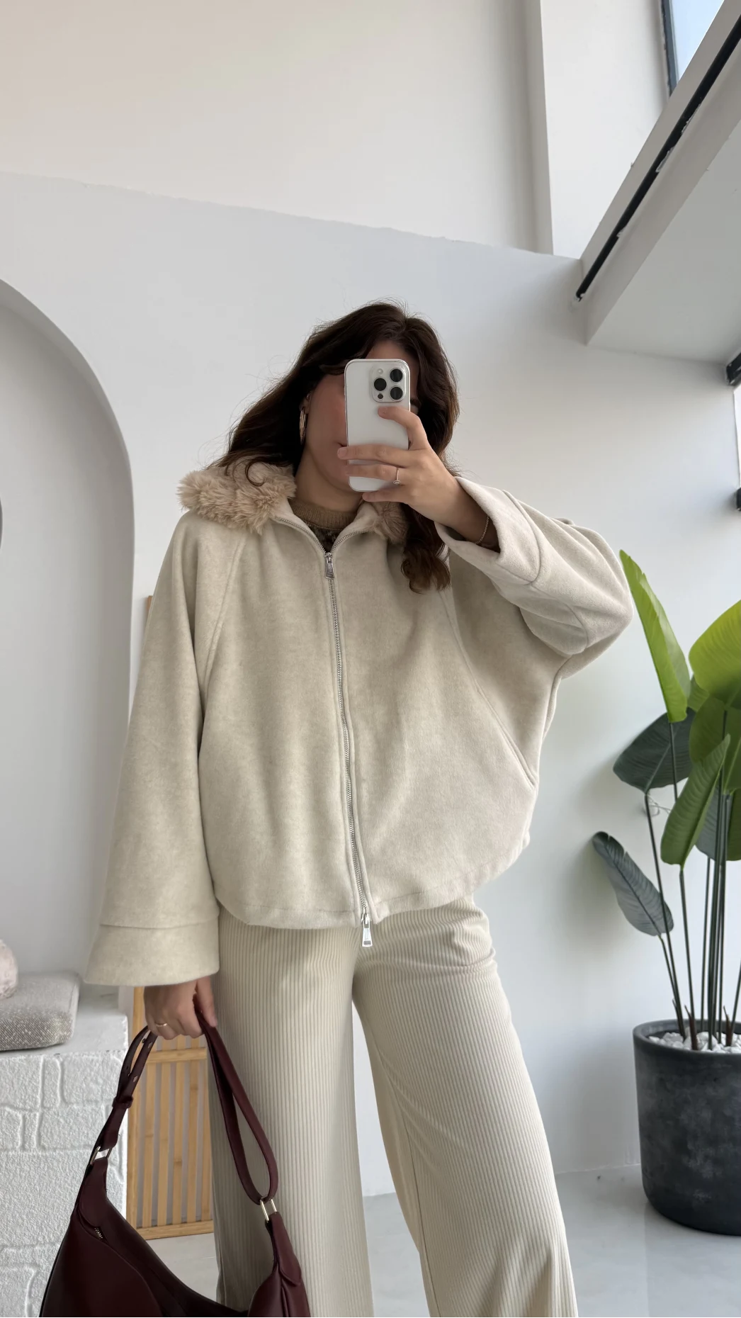 Yaka Kürklü Kaşe Mont - Taş - KOD:9660