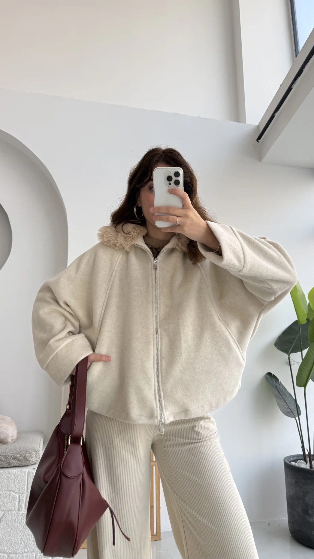 Yaka Kürklü Kaşe Mont - Taş - KOD:9660