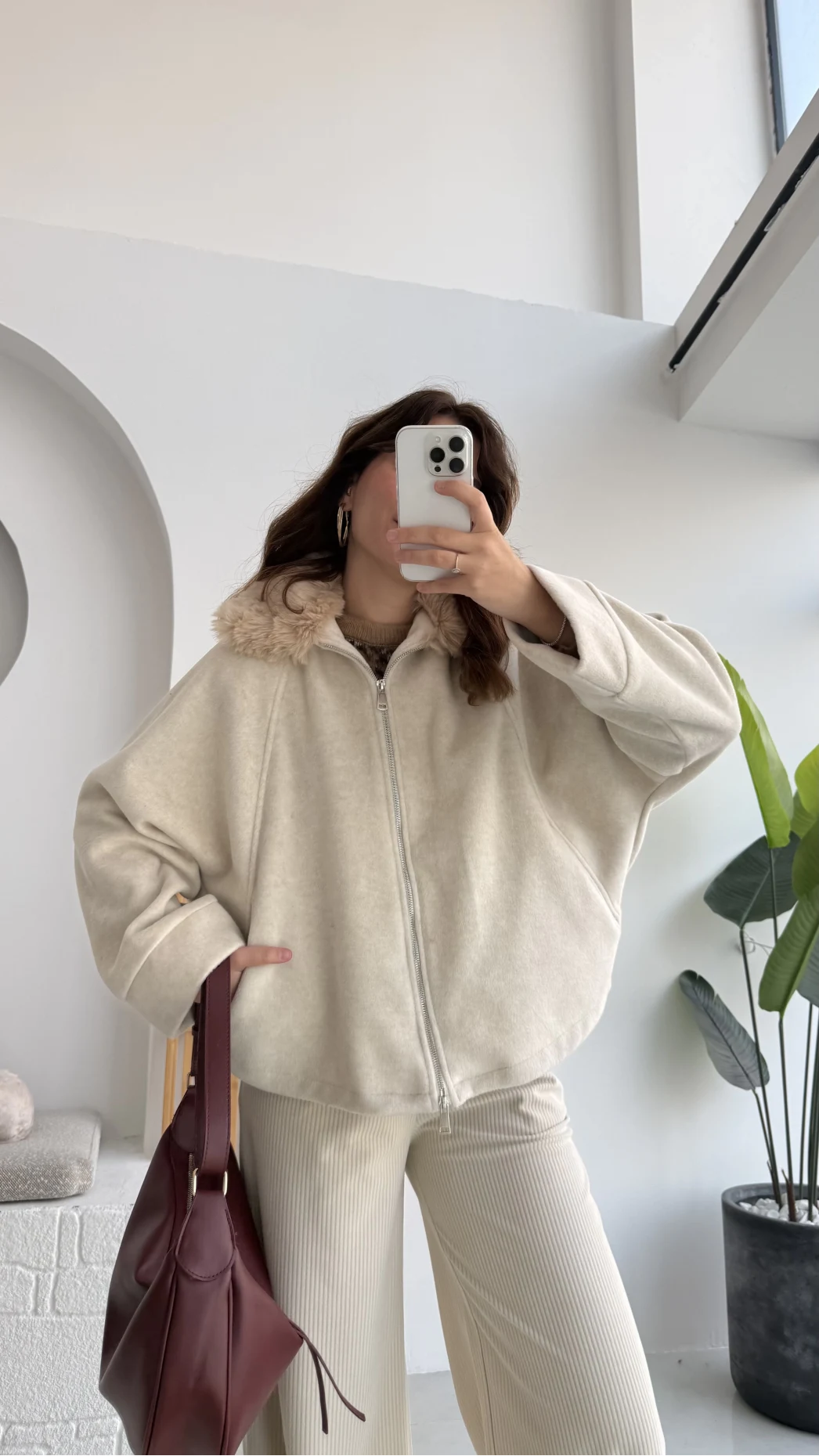 Yaka Kürklü Kaşe Mont - Taş - KOD:9660