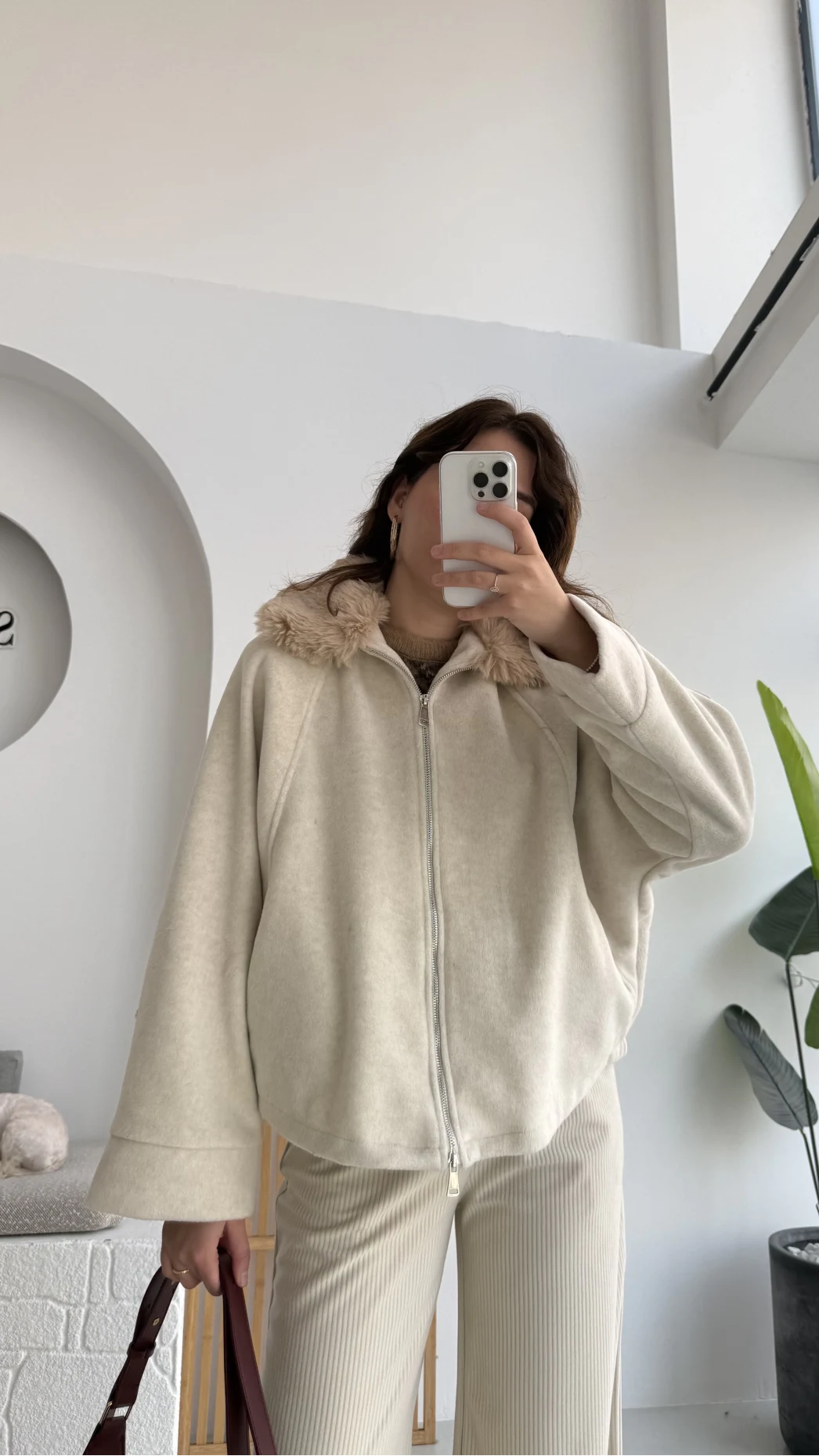 Yaka Kürklü Kaşe Mont - Taş - KOD:9660