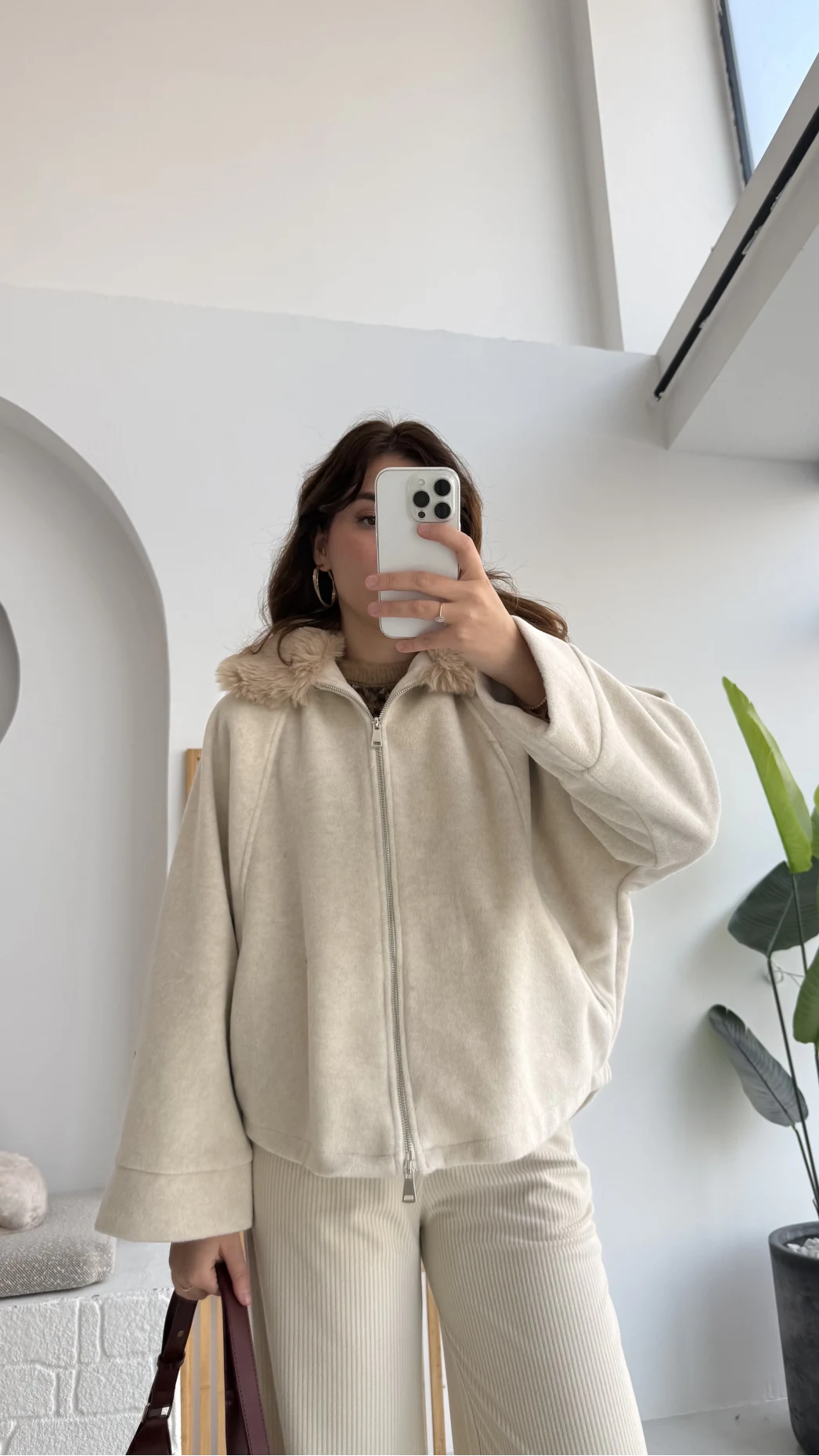 Yaka Kürklü Kaşe Mont - Taş - KOD:9660