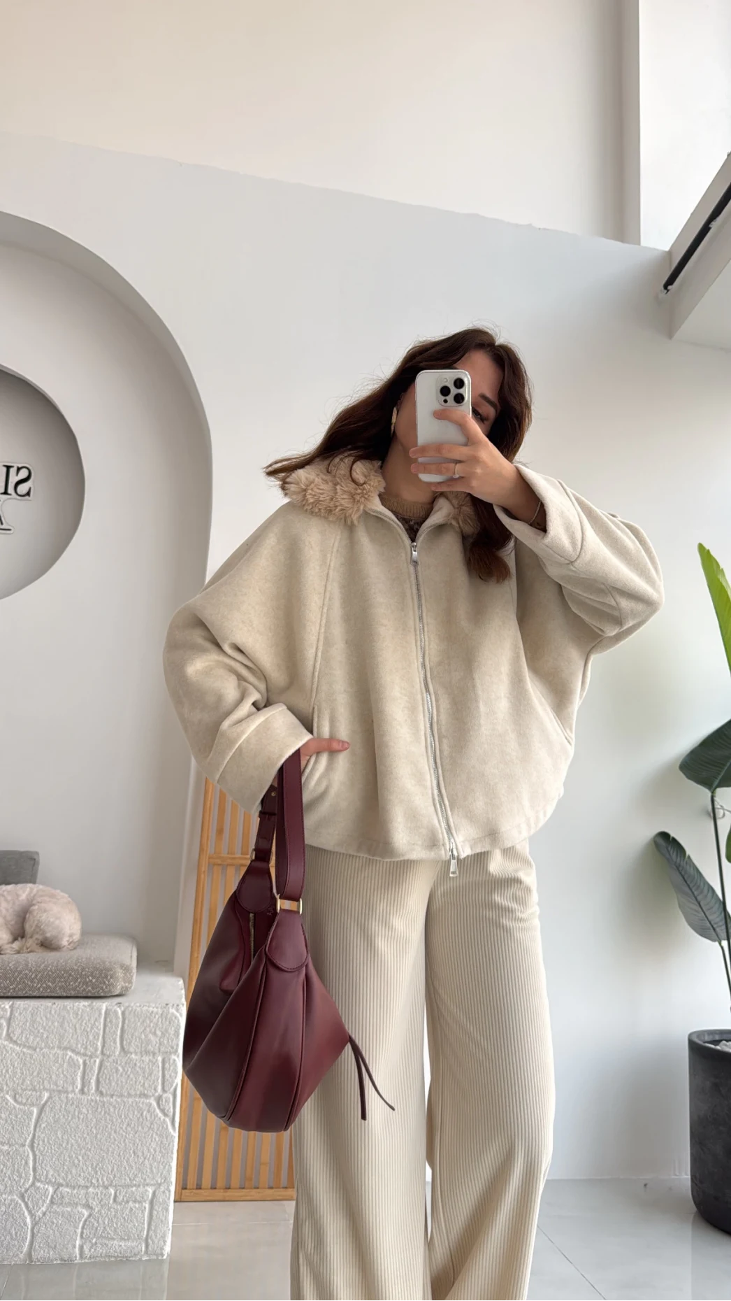 Yaka Kürklü Kaşe Mont - Taş - KOD:9660