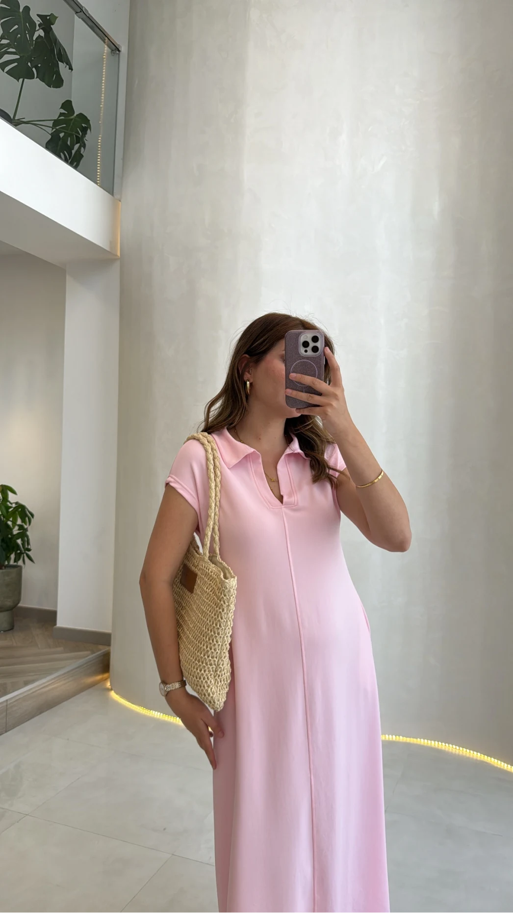 Yakalı Sıfır Kol Elbise - Pembe - Kod: 4141