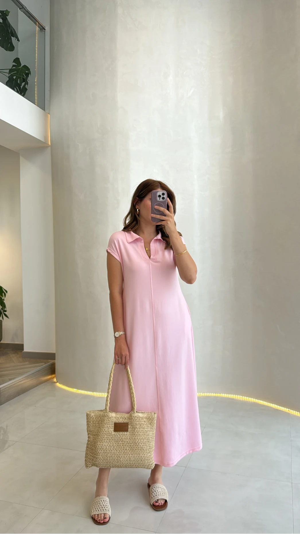 Yakalı Sıfır Kol Elbise - Pembe - Kod: 4141