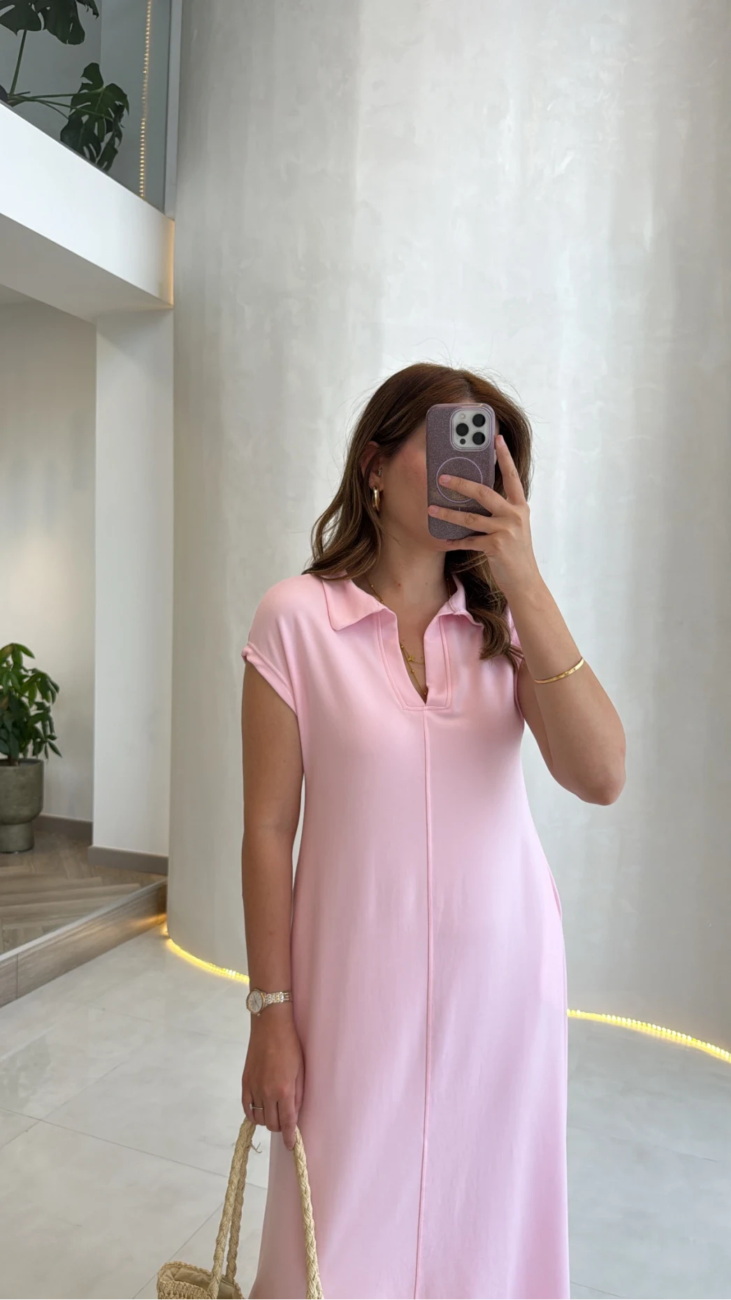 Yakalı Sıfır Kol Elbise - Pembe - Kod: 4141