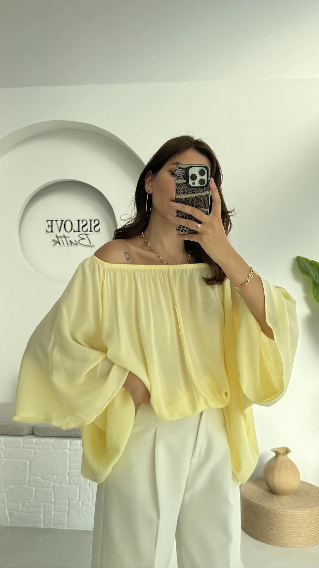 Yakası Lastikli Yarasa Kol Bluz - Sarı - 4978