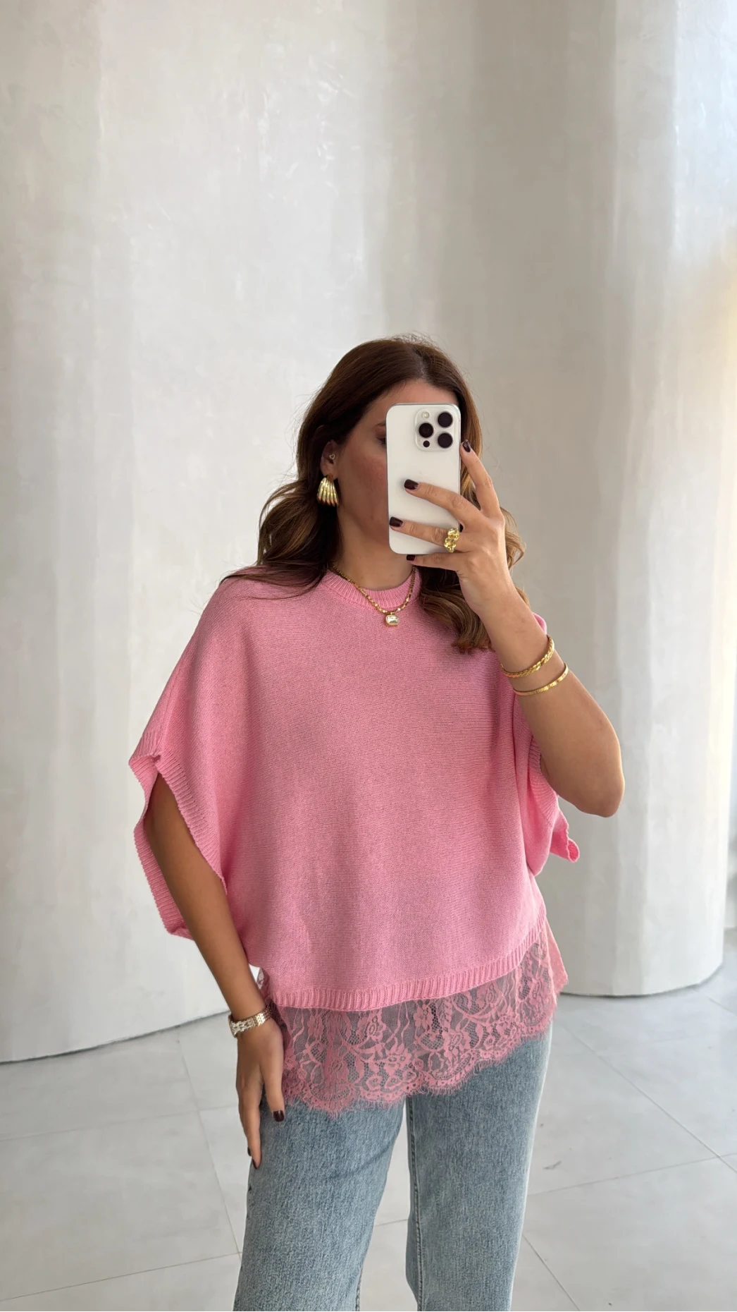 Yarasa Kol Dantel Detay Bluz - Pembe - Kod: 2716