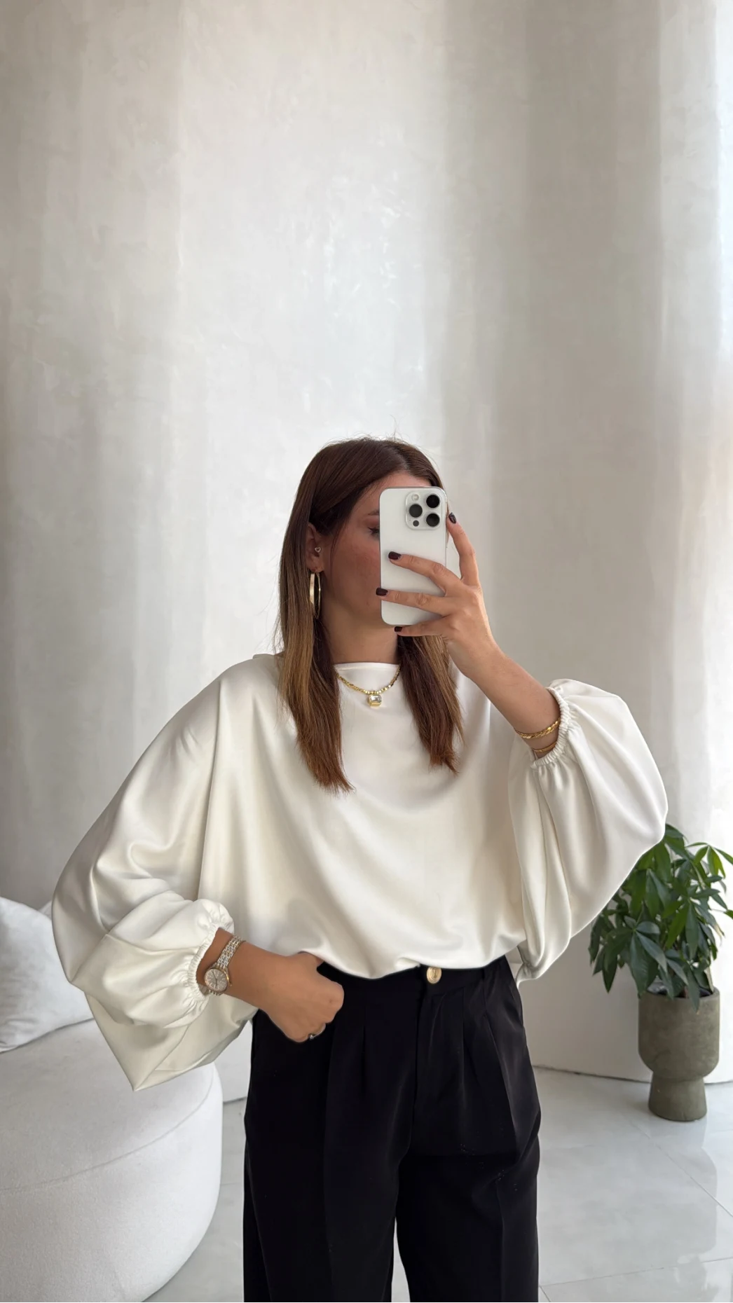 Yarasa Kol Oversize Bluz - Ekru - Kod: 1627