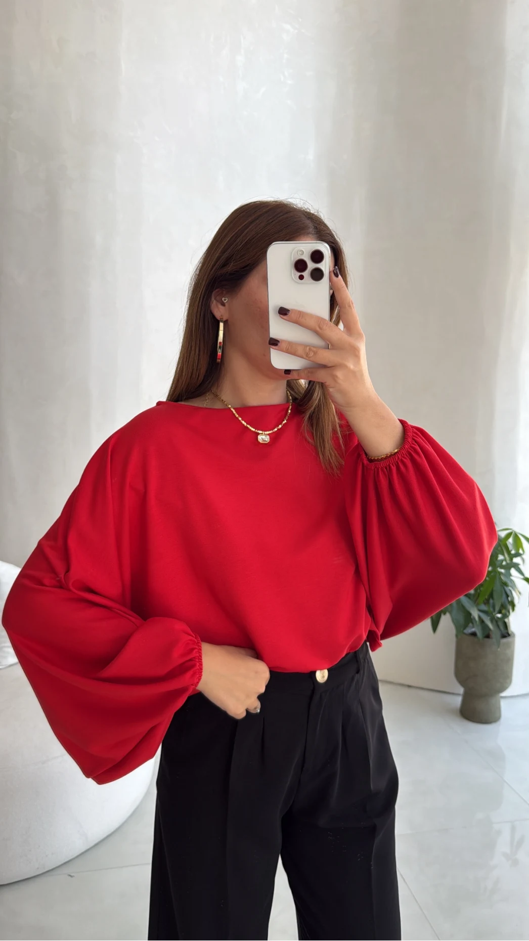 Yarasa Kol Oversize Bluz - Kırmızı - Kod: 1627