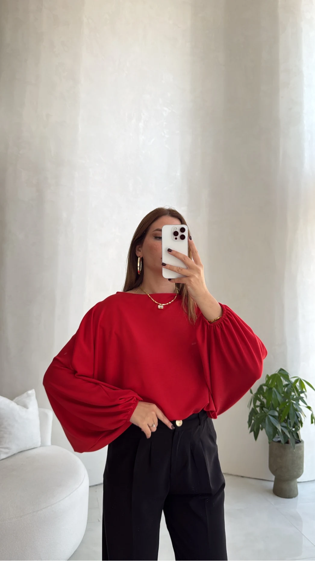 Yarasa Kol Oversize Bluz - Kırmızı - Kod: 1627