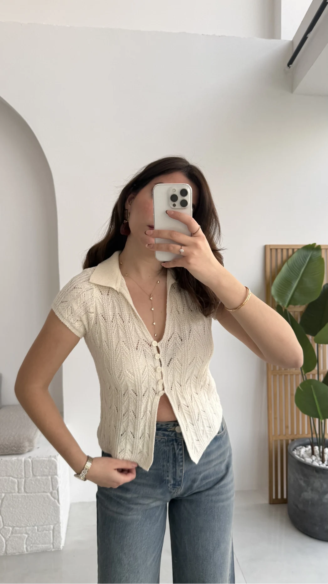 Yarım Kol Ajurlu Polo Yaka Hırka - Krem - Kod: 4817