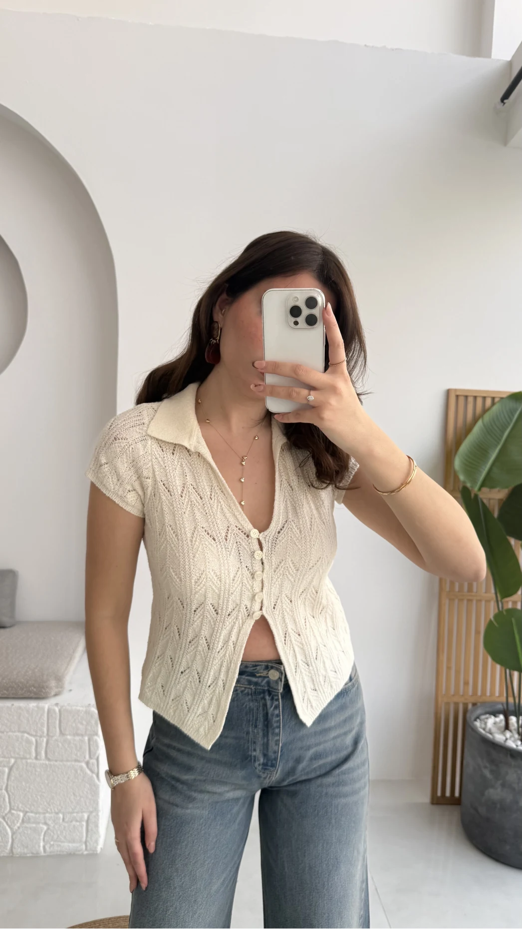 Yarım Kol Ajurlu Polo Yaka Hırka - Krem - Kod: 4817