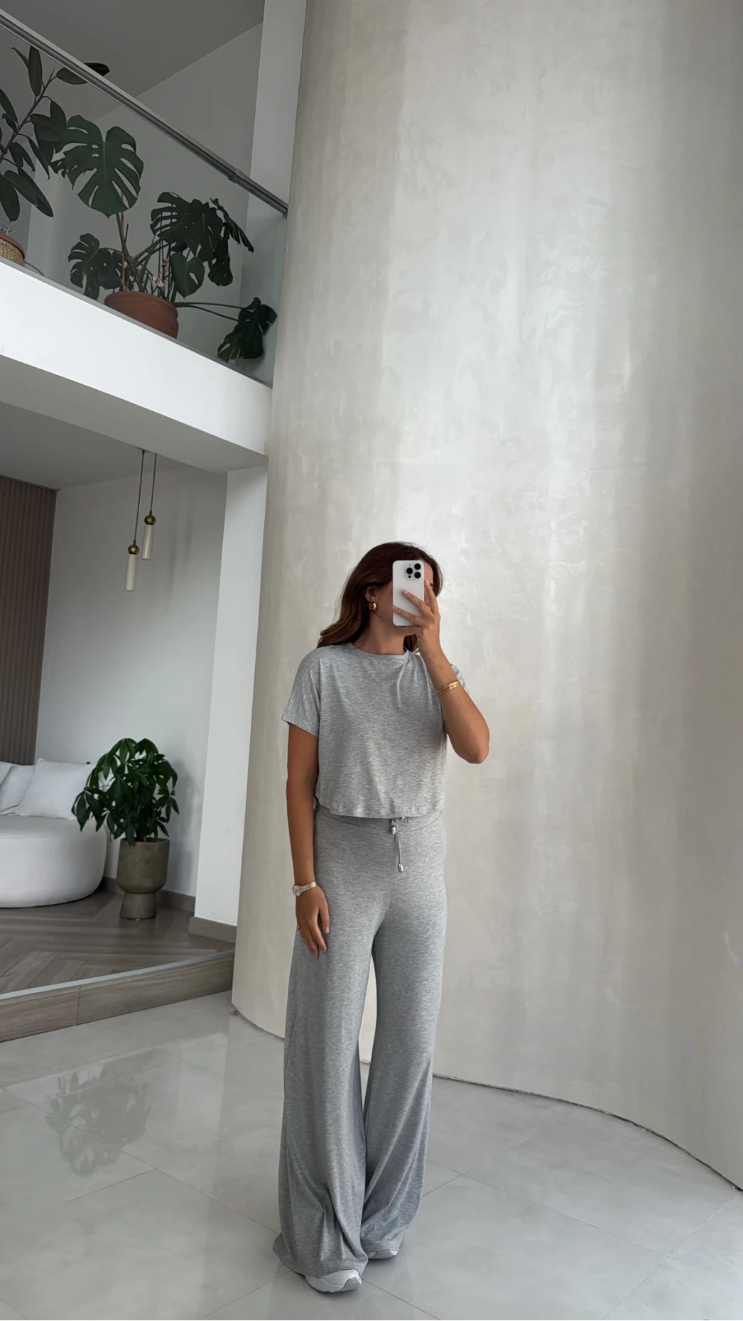 Yarım Kol Bluz Beli Lastikli Pantolon Takım - Gri - Kod: 4166