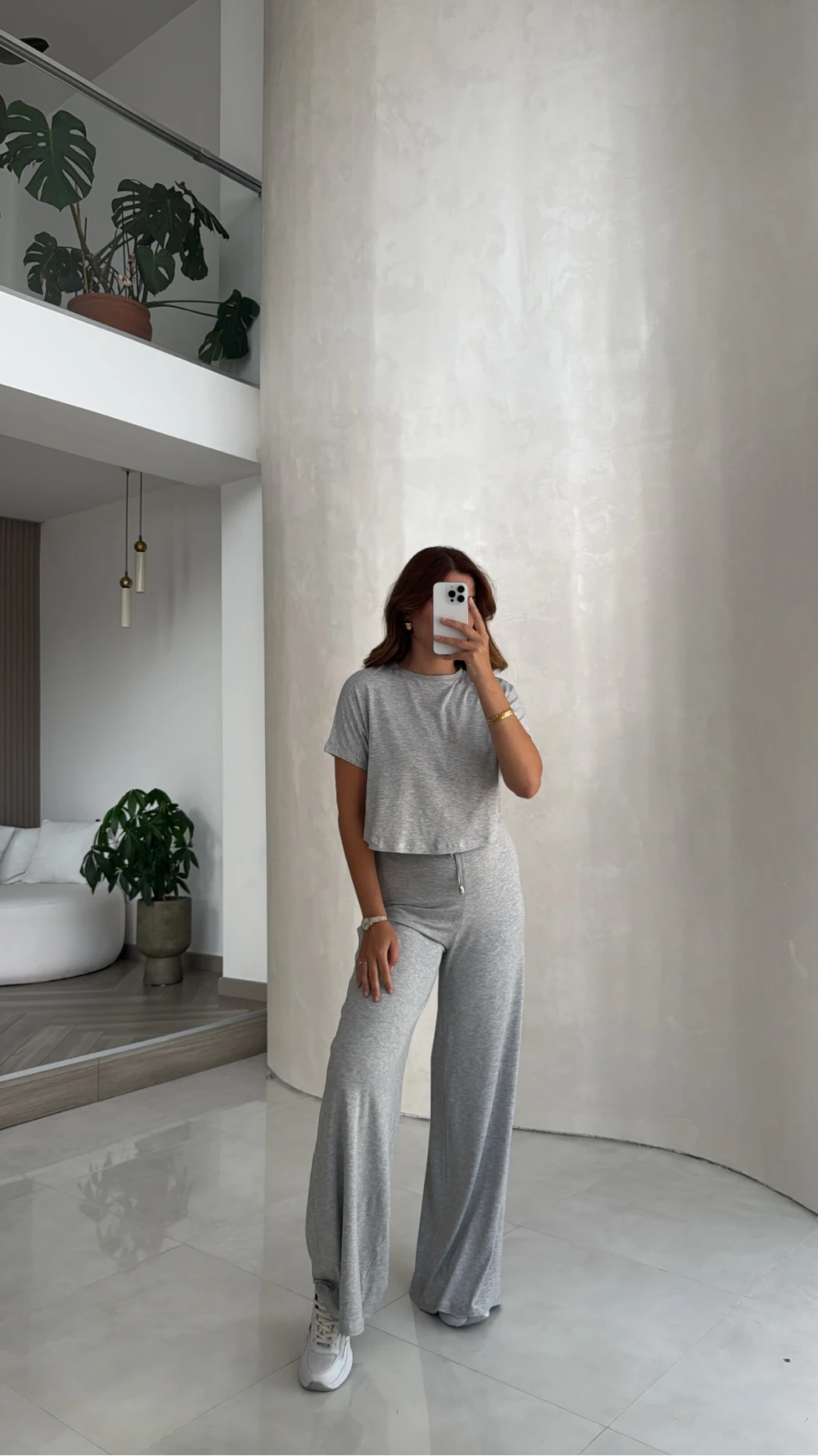 Yarım Kol Bluz Beli Lastikli Pantolon Takım - Gri - Kod: 4166