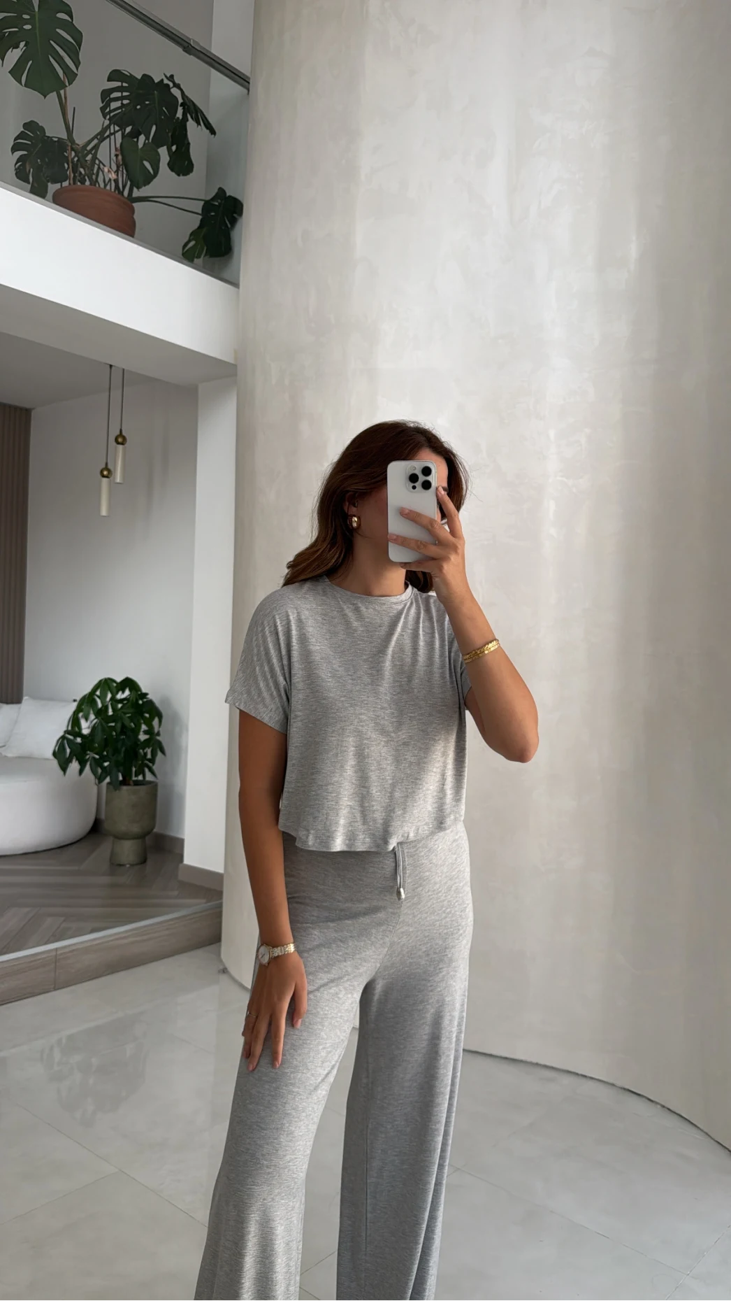 Yarım Kol Bluz Beli Lastikli Pantolon Takım - Gri - Kod: 4166