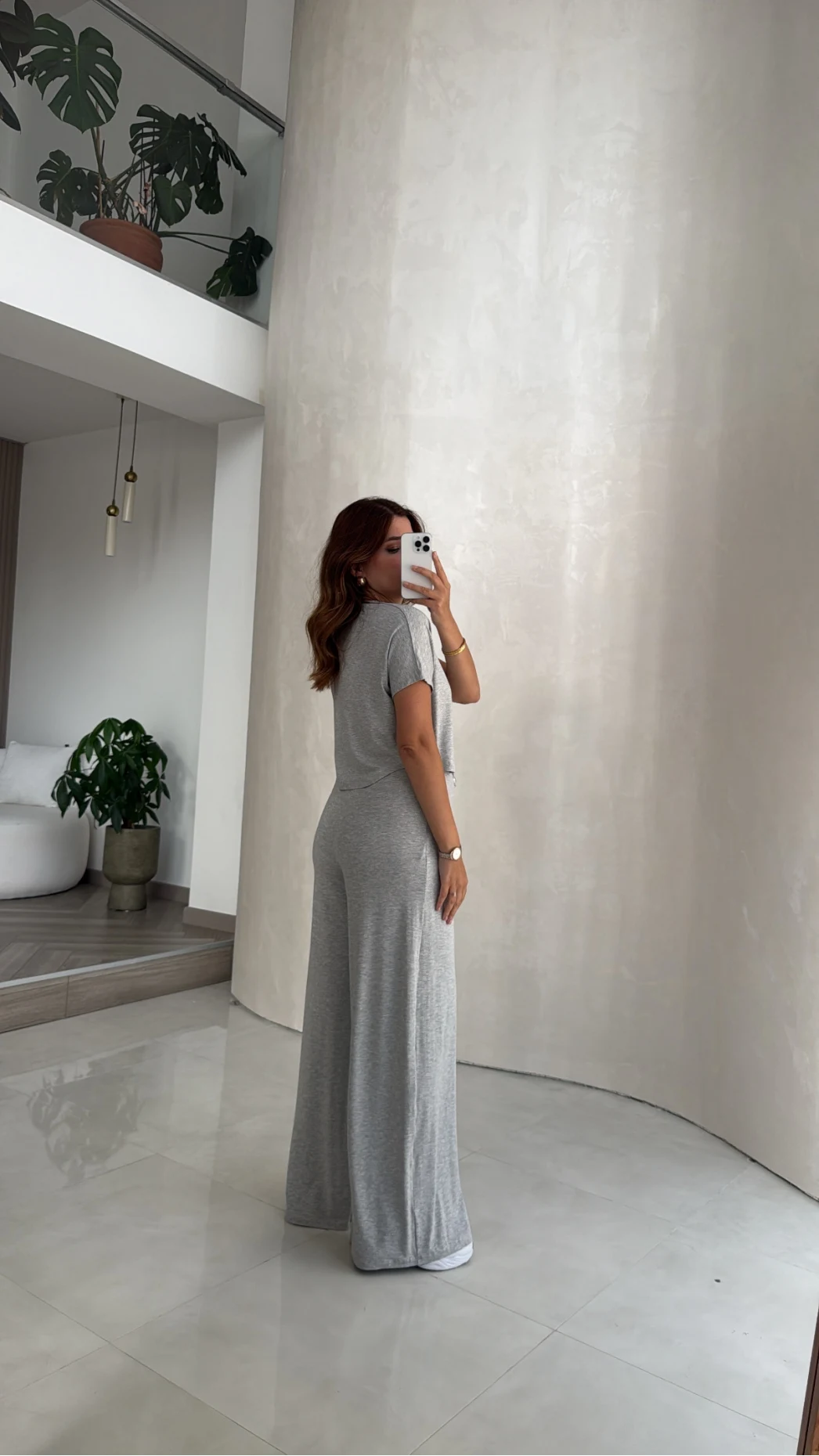 Yarım Kol Bluz Beli Lastikli Pantolon Takım - Gri - Kod: 4166