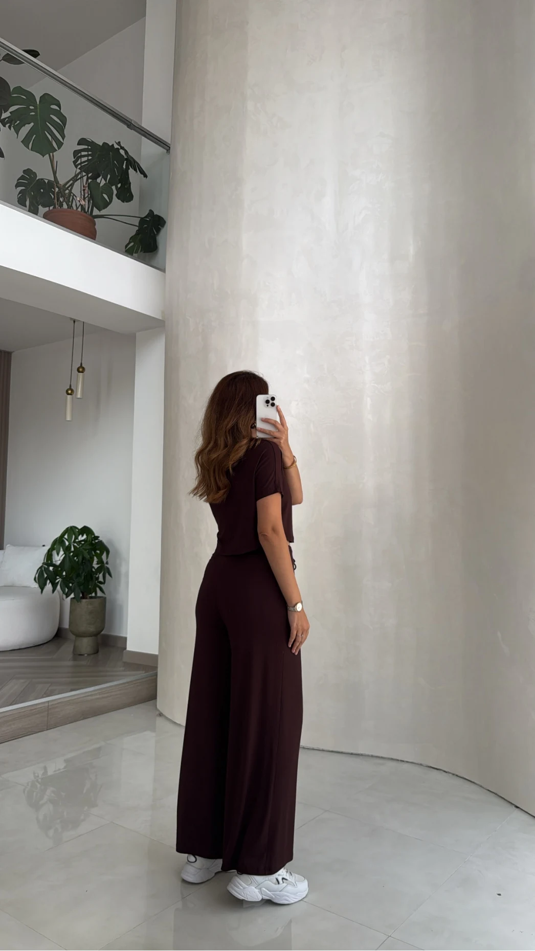 Yarım Kol Bluz Beli Lastikli Pantolon Takım - Kahve - Kod: 4166