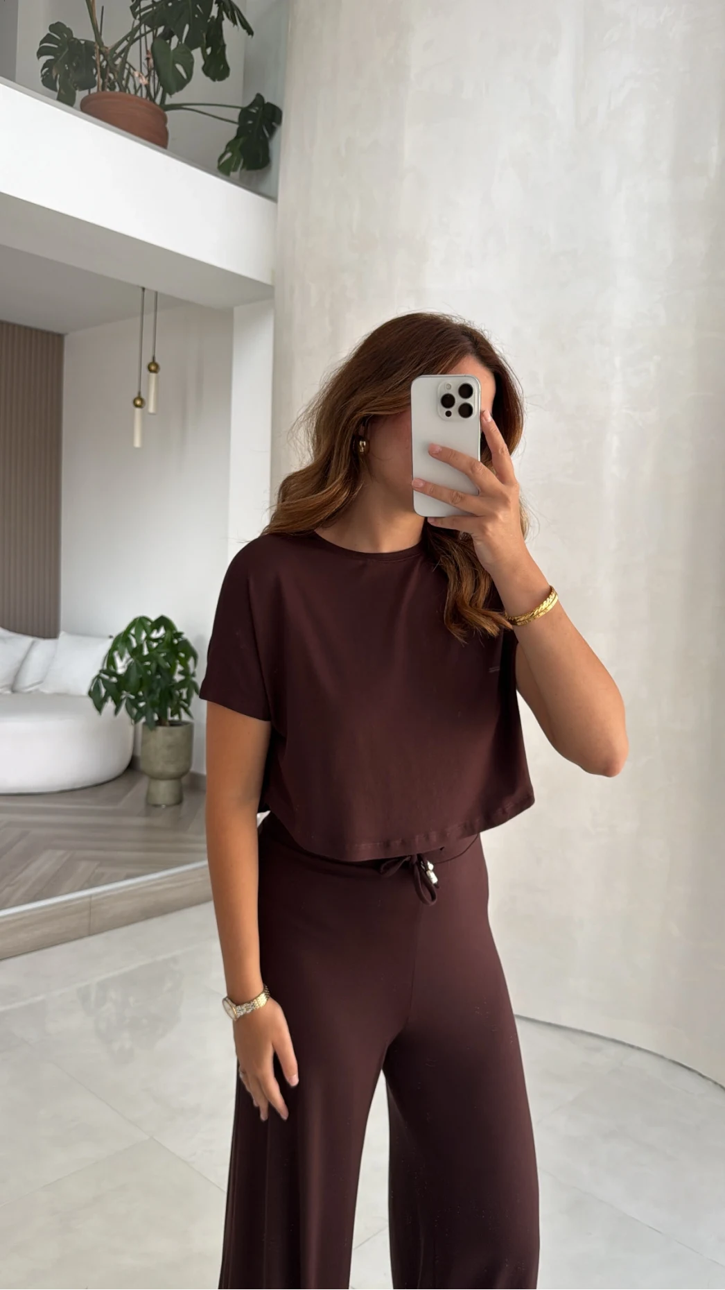 Yarım Kol Bluz Beli Lastikli Pantolon Takım - Kahve - Kod: 4166