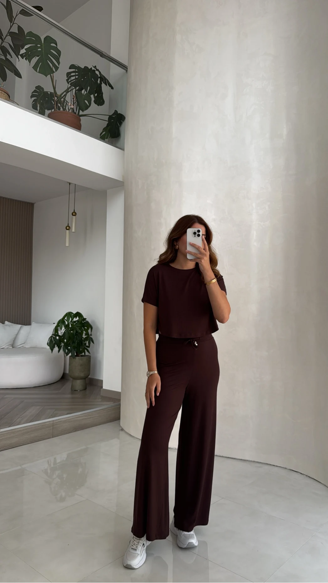 Yarım Kol Bluz Beli Lastikli Pantolon Takım - Kahve - Kod: 4166