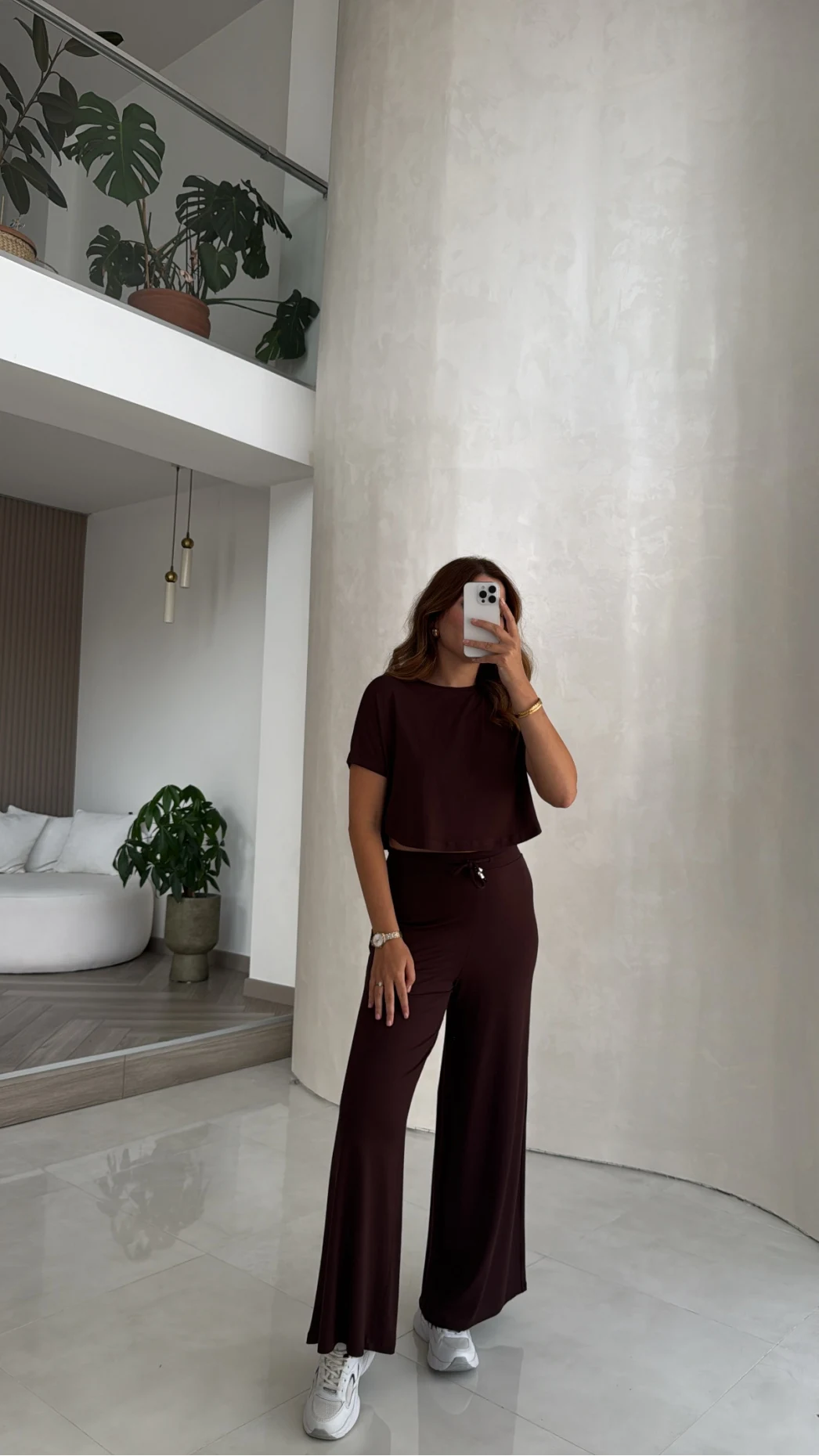 Yarım Kol Bluz Beli Lastikli Pantolon Takım - Kahve - Kod: 4166