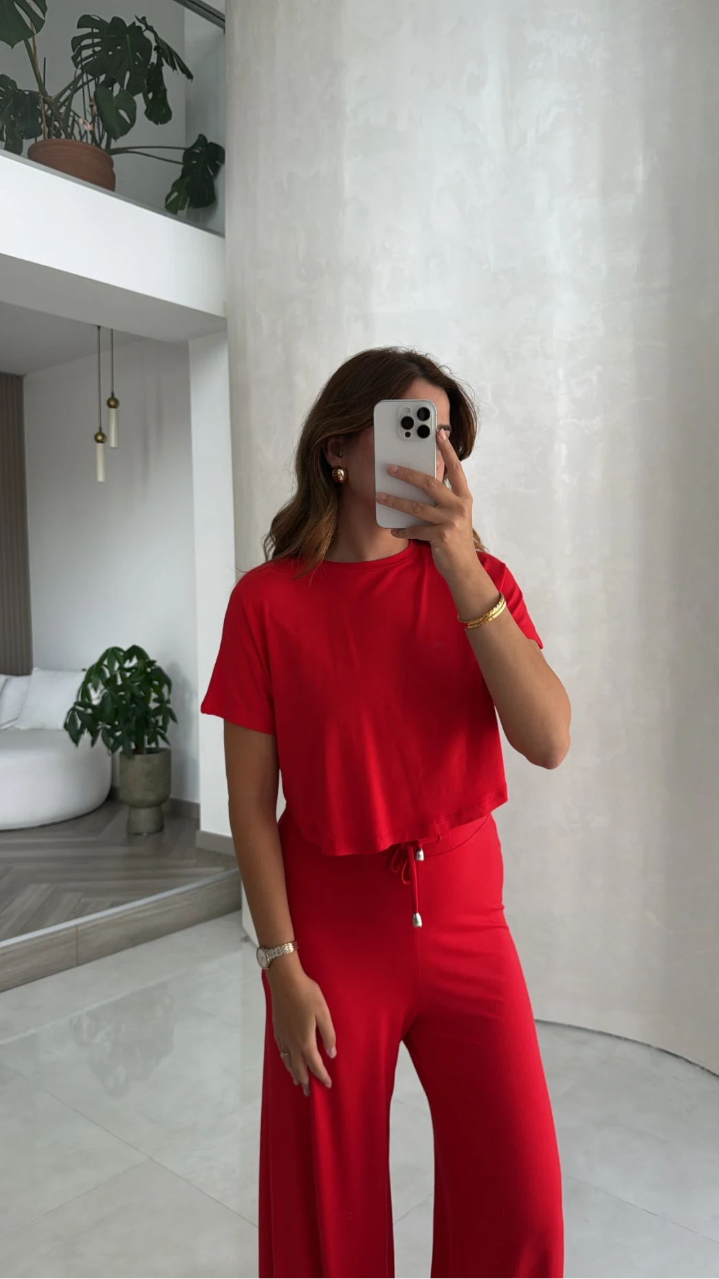Yarım Kol Bluz Beli Lastikli Pantolon Takım - Kırmızı - Kod: 4166